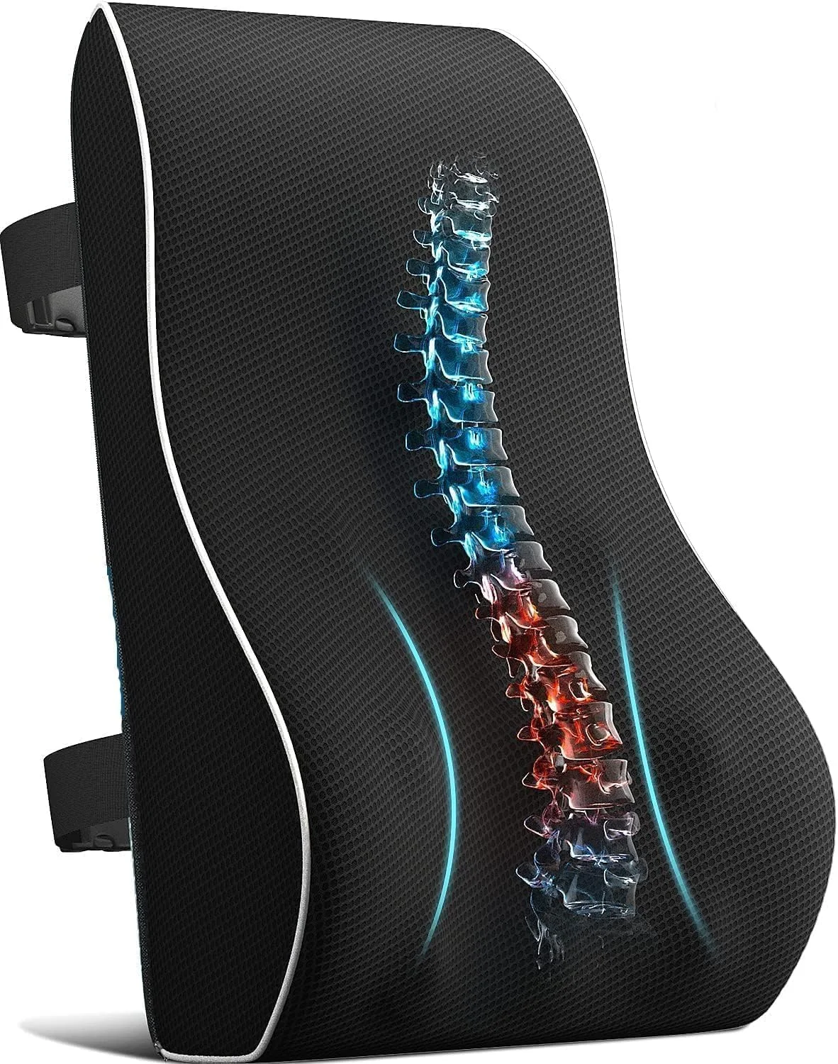 بالشتک پشتی طبی برای صندلی اداری، فوم حافظه‌دار برای تسکین درد کمر و بهبود وضعیت بدنی، بالشتک بزرگ پشتی برای خودرو، صندلی کامپیوتر، صندلی تکیه‌دار، روکش توری قابل تنفس، بندهای دوتایی قابل تنظیم