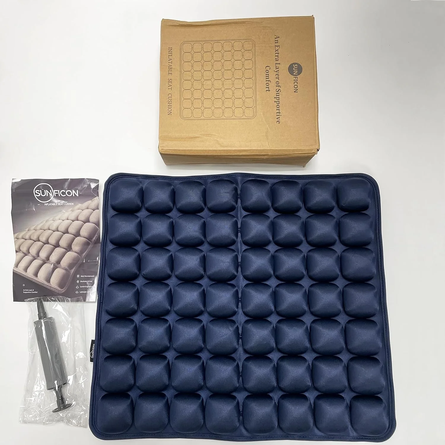 بالشتک صندلی بادی سانفیکون، بالشتک صندلی قابل حمل برای صندلی ماشین، صندلی اداری، ویلچر، پد ضد زخم بستر، ارتوپدی، تسکین درد و فشار، تشک صندلی کمپینگ به همراه پمپ، 45.72 در 40.64 در 2.54 سانتی متر، آبی