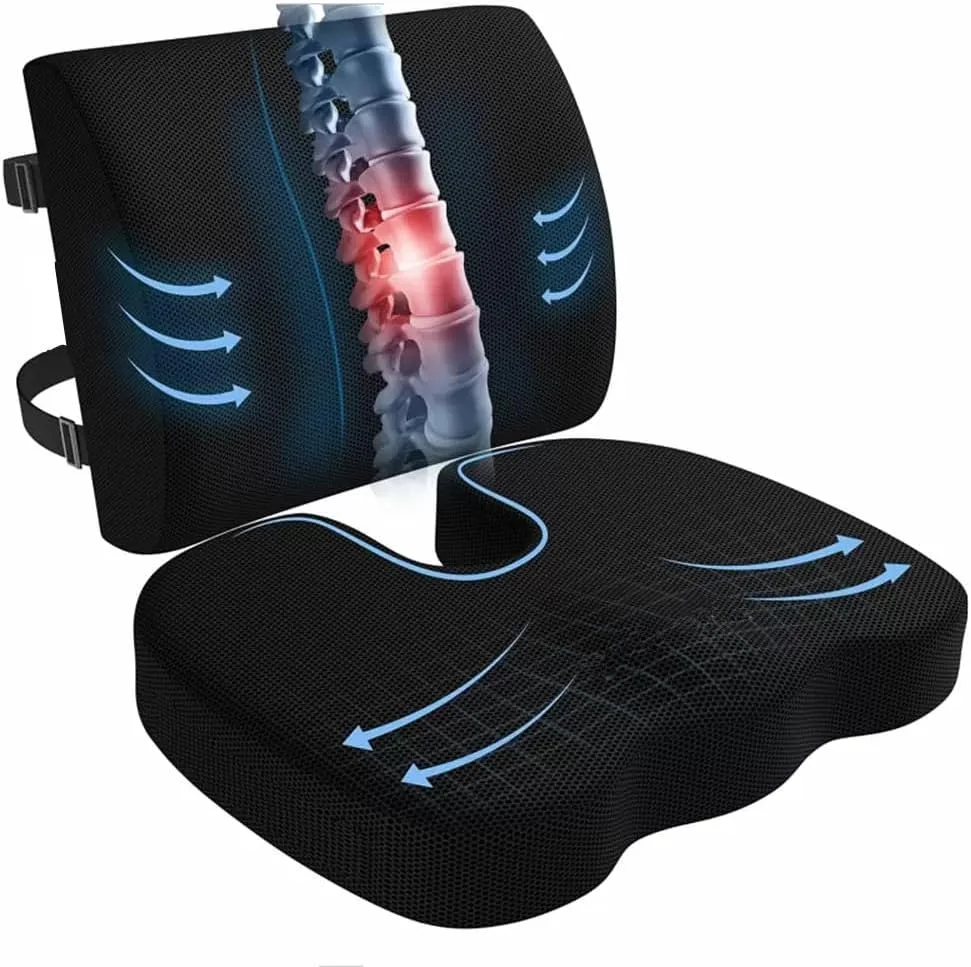 بالشتک پشتی کمری برای صندلی اداری، فوم حافظه‌دار، بالشتک صندلی خودرو و بالشتک ارتوپدی کمر، پدهای ارگونومیک نشستن، برای سیاتیک، کمردرد و تسکین درد دنبالچه (مشکی)