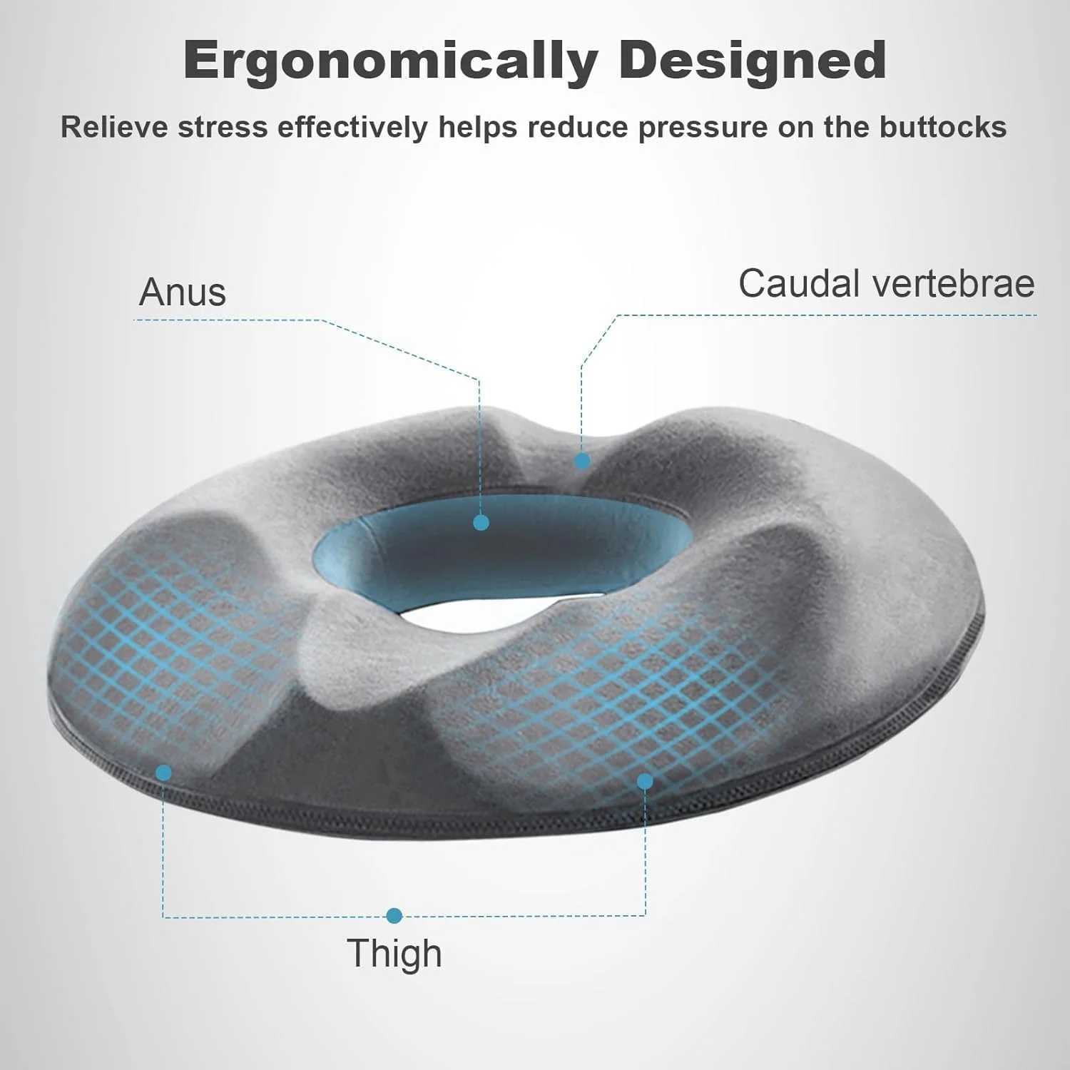 بالشتک صندلی مموری فوم برای تسکین درد دنبالچه با سوراخ مرکزی برش خورده U شکل برای هموروئید، سیاتیک، بالش درد کمر برای استفاده در دفتر، ماشین، ویلچر، نشستن بعد از جراحی (خاکستری، مردانه)