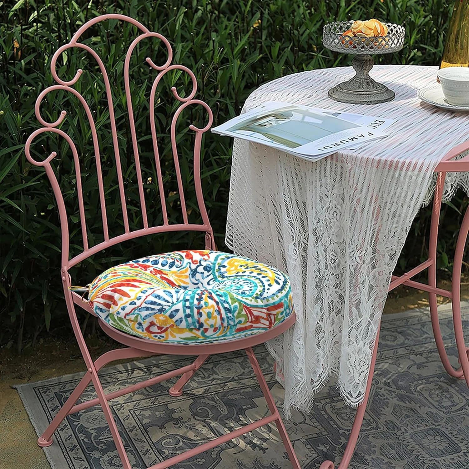 بالشتک صندلی غذاخوری فضای باز با بند، ست 2 عددی بالشتک صندلی پاسیو، بالشتک گرد 38x38x10 سانتی‌متر برای خانه، باغ، بالکن، دفتر، ایوان، چمن، عرشه، طرح پیزلی چند رنگ