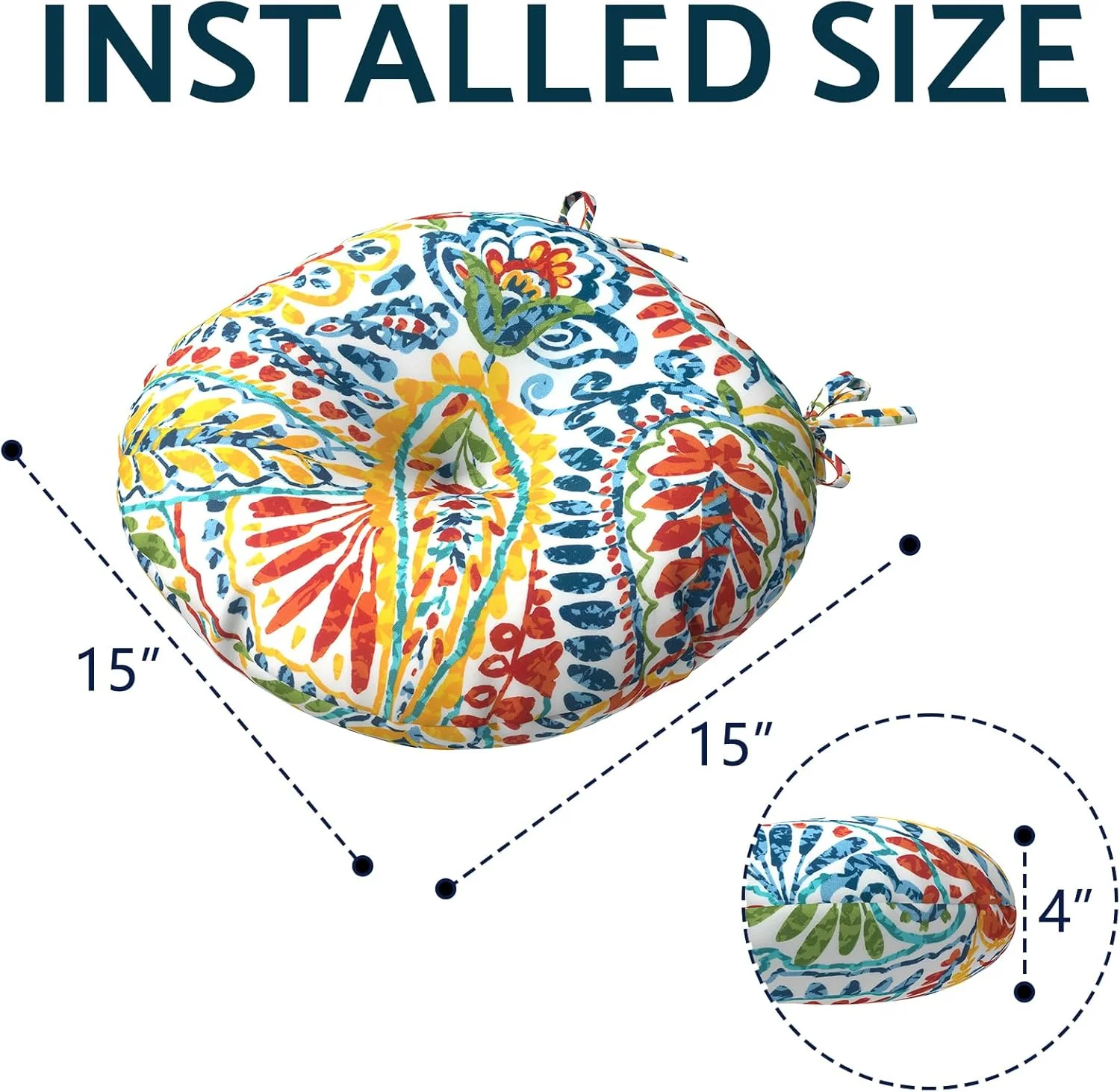 بالشتک صندلی غذاخوری فضای باز با بند، ست 2 عددی بالشتک صندلی پاسیو، بالشتک گرد 38x38x10 سانتی‌متر برای خانه، باغ، بالکن، دفتر، ایوان، چمن، عرشه، طرح پیزلی چند رنگ