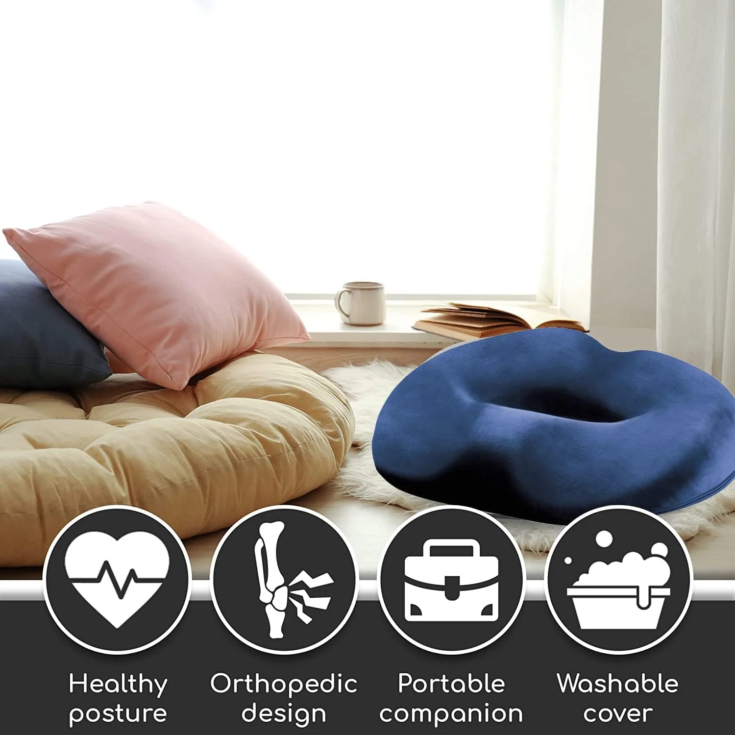 بالشتک دوناتی فوم حافظهدار تایکام - تسکین درد دنبالچه، بالشتک صندلی فوم حافظهدار برای صندلی اداری، بالشتک صندلی چرخدار برای باسن و کمر (آبی) بالشتک دوناتی فوم حافظهدار تایکام - تسکین درد دنبالچه، بالشتک صندلی فوم حافظهدار برای صندلی اداری، بالشتک صندلی چرخدار برای باسن و کمر (آبی)