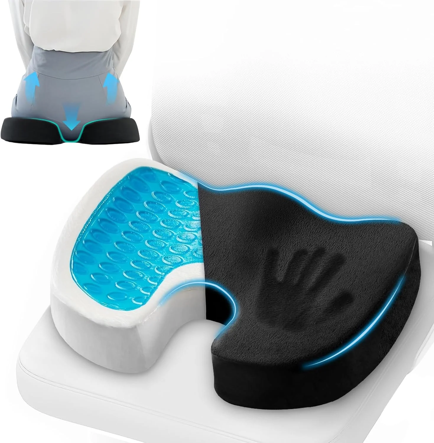 بالشتک صندلی فوم مموری ژل برای تسکین درد دنبالچه، بالشتک صندلی ارگونومیک U شکل، کاهش فشار، بالشتک صندلی اداری برای صندلی میز، صندلی ماشین، هواپیما و ویلچر (مشکی)