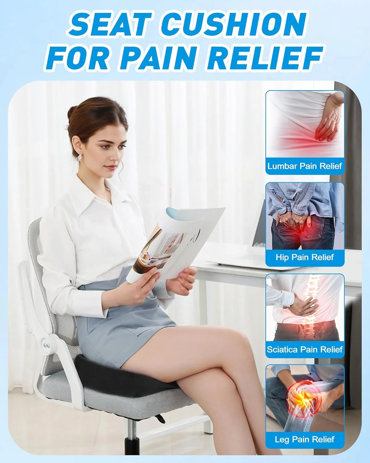 بالشتک صندلی فوم مموری ژل برای تسکین درد دنبالچه، بالشتک صندلی ارگونومیک U شکل، کاهش فشار، بالشتک صندلی اداری برای صندلی میز، صندلی ماشین، هواپیما و ویلچر (مشکی)