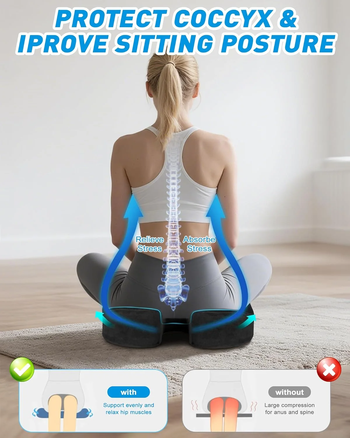 بالشتک صندلی فوم مموری ژل برای تسکین درد دنبالچه، بالشتک صندلی ارگونومیک U شکل، کاهش فشار، بالشتک صندلی اداری برای صندلی میز، صندلی ماشین، هواپیما و ویلچر (مشکی)