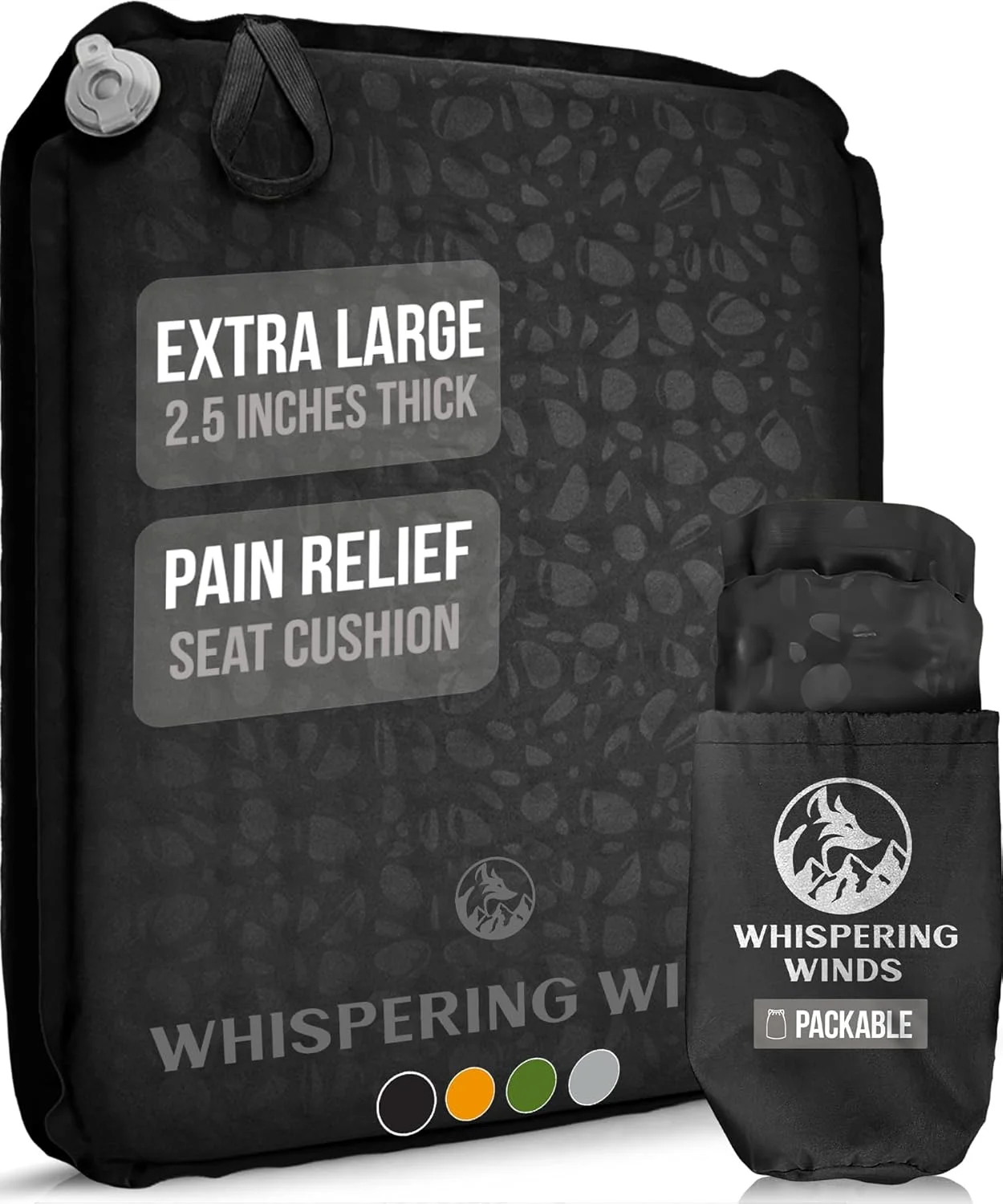 بالشتک صندلی بادی Whispering Winds برای مسافرت هوایی، استادیوم، پیاده روی، هواپیما - سبک وزن، ضد نشت، بالشتک فوم خود باد شونده برای نشستن، کمپینگ، ماشین (XL-مشکی)