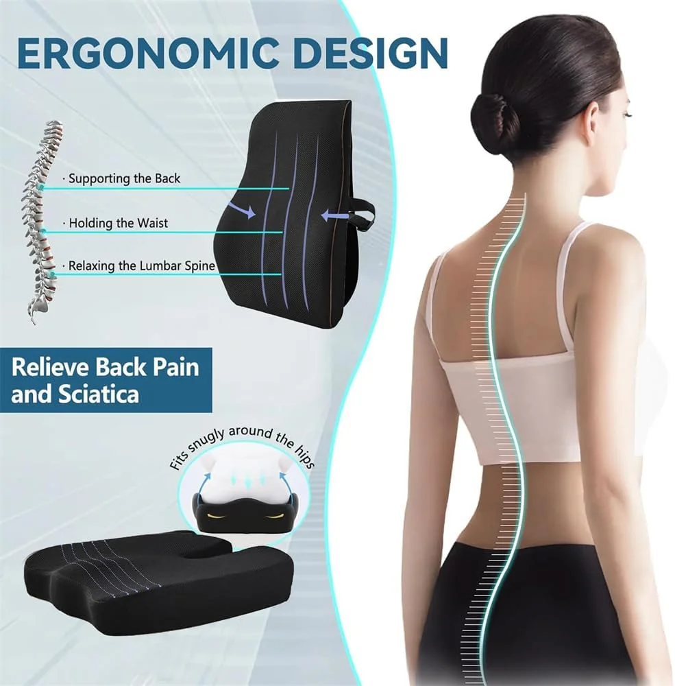 بالشتک صندلی و پشتی کمر، فوم حافظه‌دار برای صندلی اداری، صندلی خودرو، ویلچر و مسافرت، کاهش فشار دنبالچه و افزایش راحتی، تسکین درد ارتوپدی سیاتیک و لگن