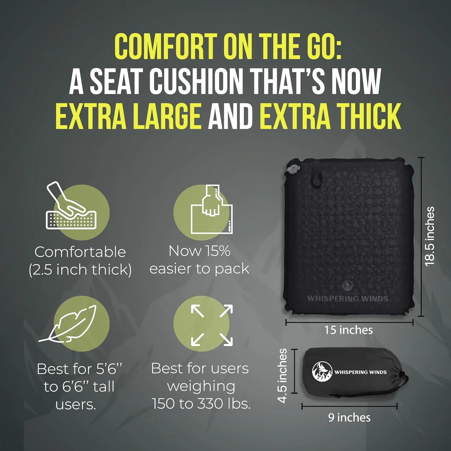 بالشتک صندلی بادی Whispering Winds برای مسافرت هوایی، استادیوم، پیاده روی، هواپیما - سبک وزن، ضد نشت، بالشتک فوم خود باد شونده برای نشستن، کمپینگ، ماشین (XL-مشکی) بالشتک صندلی بادی Whispering Winds برای مسافرت هوایی، استادیوم، پیاده روی، هواپیما - سبک وزن، ضد نشت، بالشتک فوم خود باد شونده برای نشستن، کمپینگ، ماشین (XL-مشکی)