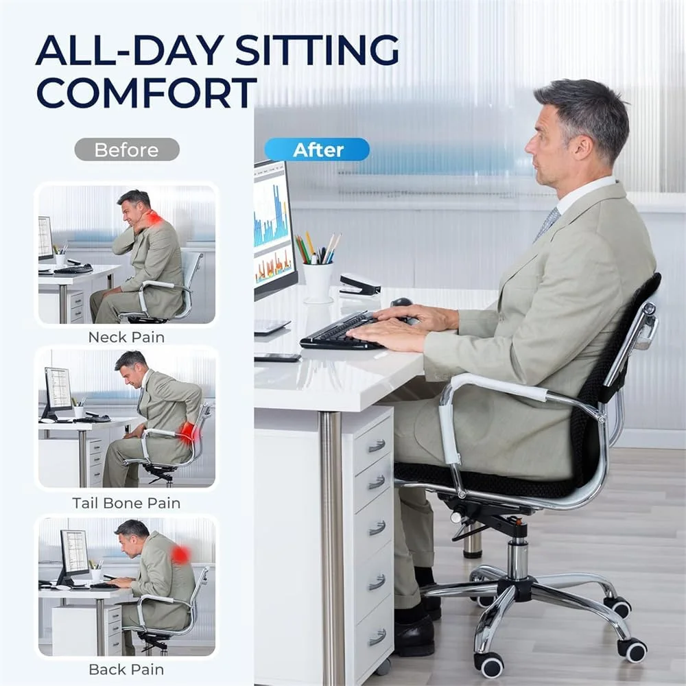 بالشتک صندلی و پشتی کمر، فوم حافظه‌دار برای صندلی اداری، صندلی خودرو، ویلچر و مسافرت، کاهش فشار دنبالچه و افزایش راحتی، تسکین درد ارتوپدی سیاتیک و لگن