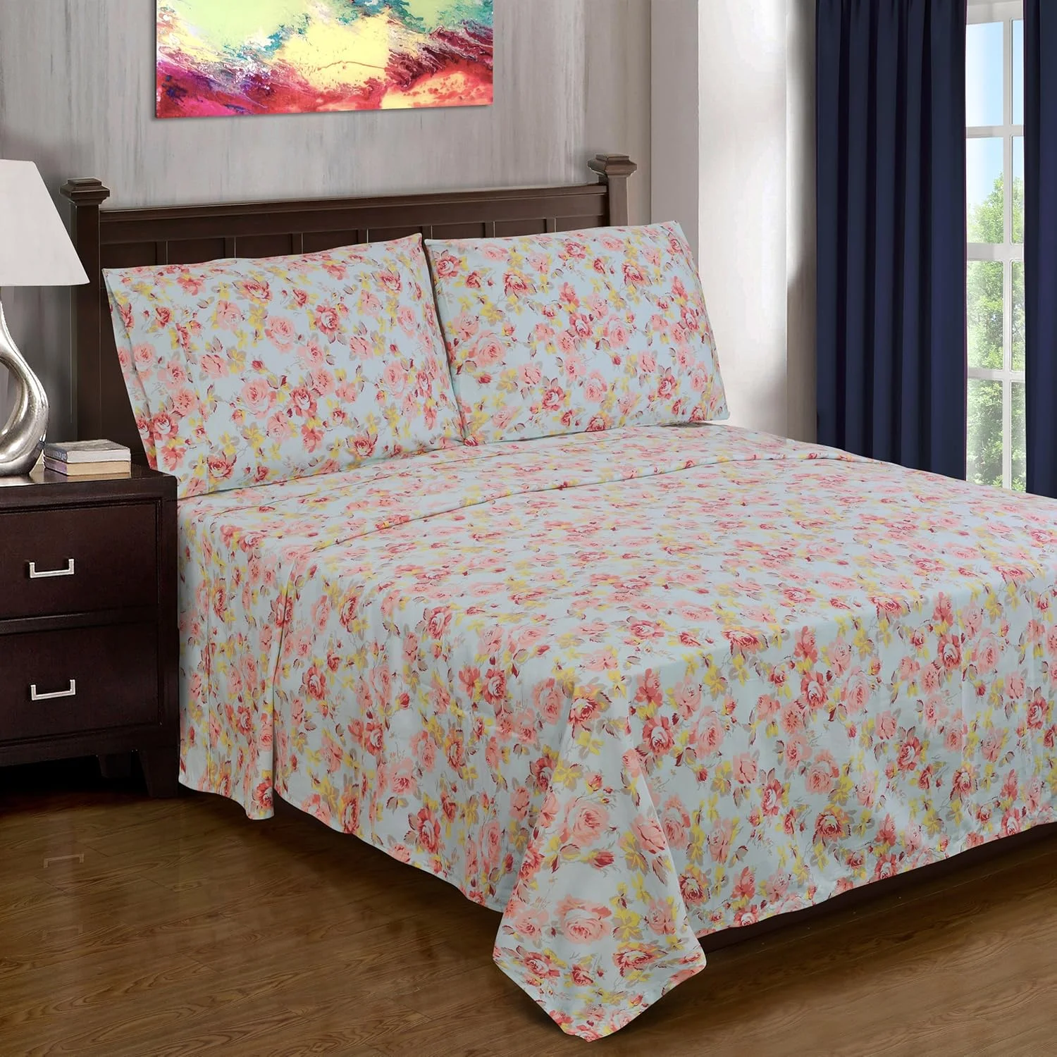 ست ملحفه پنبه ای ممتاز به همراه روبالشتی، بافت 300، بادوام و تنفس پذیر، قابل شستشو در ماشین لباسشویی، طرح گلدار وینتیج بوهمی، یک نفره، آبی روشن