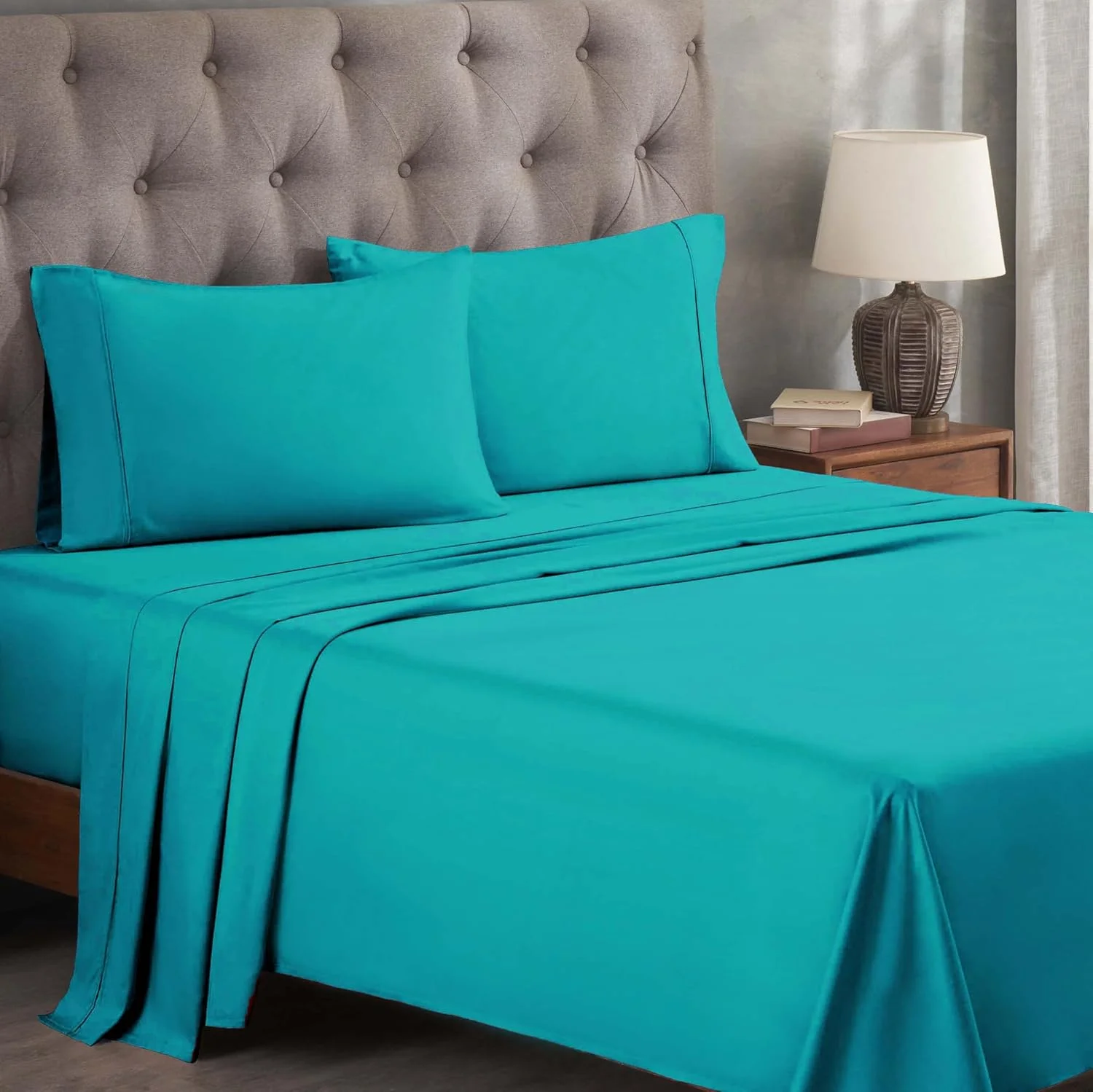 ست ملحفه تخت خواب پنبه مصری ممتاز با تراکم 400، شامل 1 ملحفه کش دار با جیب عمیق الاستیک، 1 ملحفه تخت، 2 روبالشتی، ملحفه های نرم، ملحفه های لوکس، بافت ساتن، سایز کالیفرنیا کینگ، آبی فیروزه ای