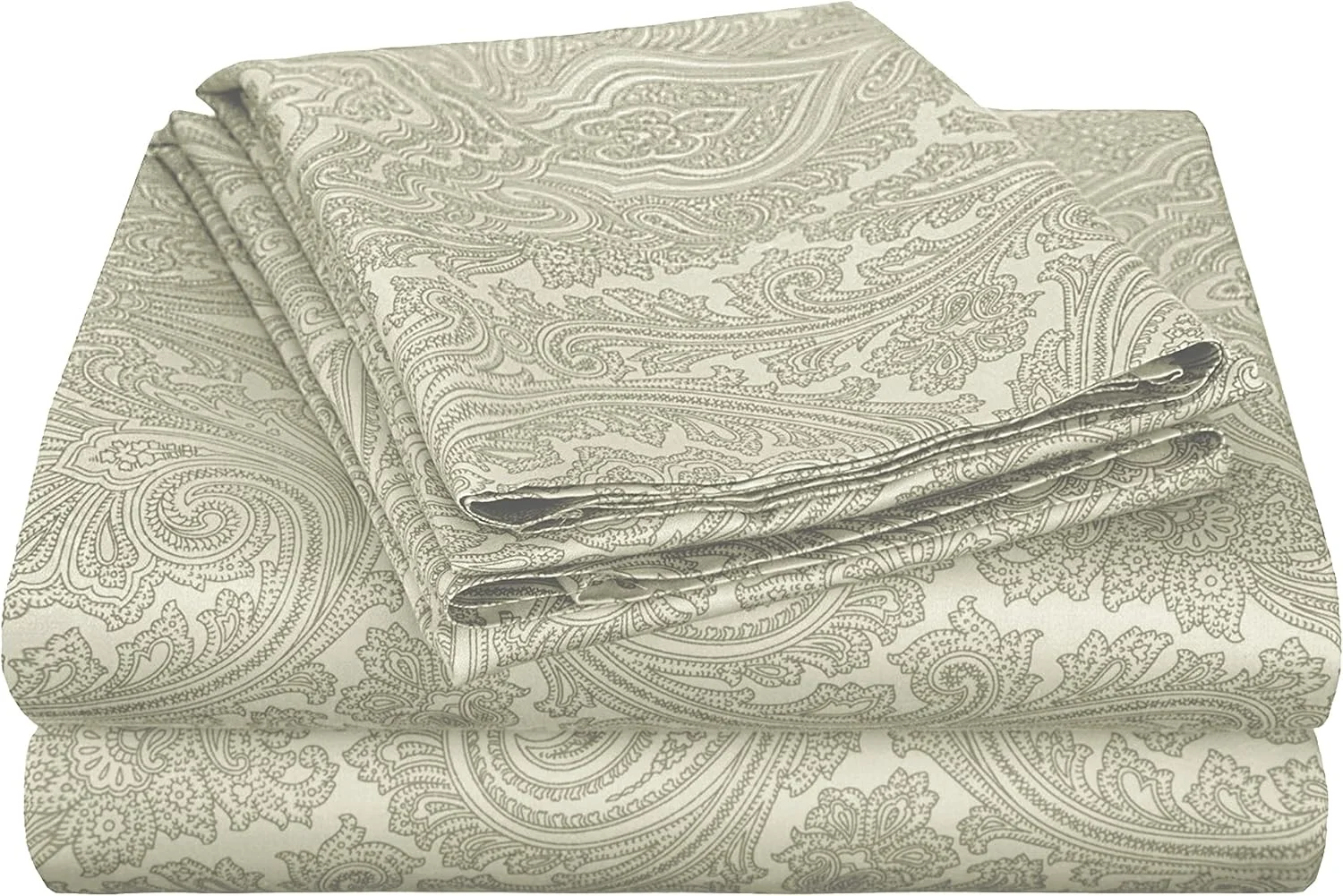 ست ملحفه تخت خواب ترکیبی پنبه ای با تراکم بافت 600، شامل 1 ملحفه کش دار با جیب عمیق کاملا الاستیک، 1 ملحفه تخت، 1 روبالشی، بافت ساتن، طرح پیزلی ایتالیایی، سایز المپیک کوئین، رنگ سبز مریم گلی