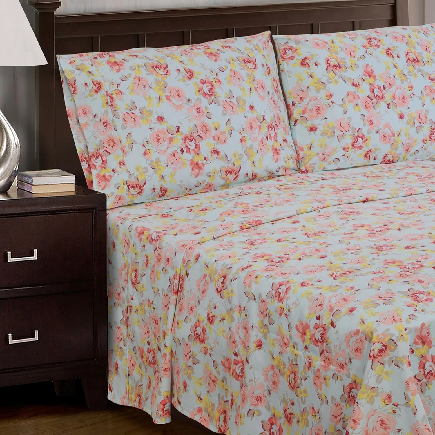 ست ملحفه پنبه ای ممتاز به همراه روبالشتی، بافت 300، بادوام و تنفس پذیر، قابل شستشو در ماشین لباسشویی، طرح گلدار وینتیج بوهمی، یک نفره، آبی روشن