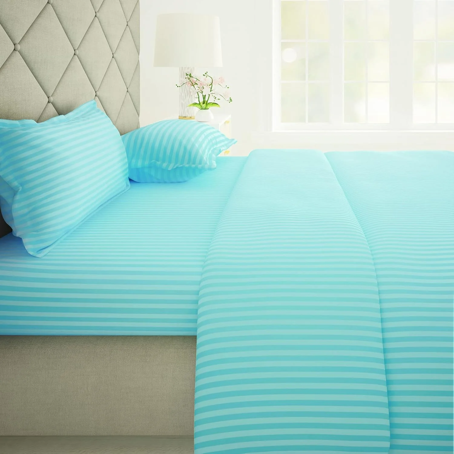 ملحفه تخت خواب سایز کینگ استوری@هوم | ملحفه نخی | ساتن | ملحفه نخی سایز کینگ با 2 روبالشتی سایز کینگ (270 x 270 سانتی متر، آبی آسمانی) | مناسب برای دکوراسیون منزل | 300TC