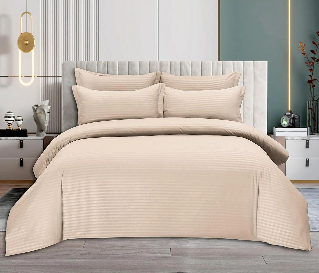 ست ملحفه 6 تکه کینگ سایز پنبه ای طرح خرس خوابیده - شامل روکش لحاف | 1 ملحفه کش دار 200 * 200 + 1 روکش لحاف + 4 روبالشی (بژ)