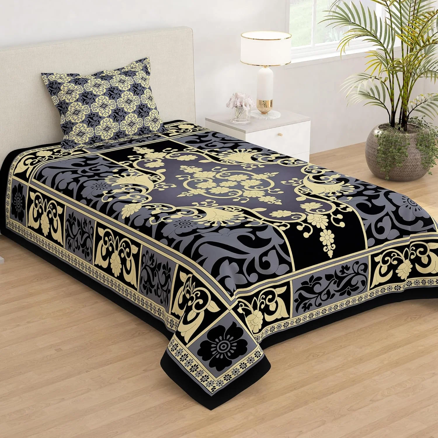 ملحفه یک نفره استوری هوم | 210 تراکم بافت | طرح جیپوری | یک عدد ملحفه برای تخت یک نفره با رو بالشتی | میکروفایبر | طرح بته جقه | 147 x 224 سانتی متر | ملحفه یک نفره آبی | مناسب برای هدیه