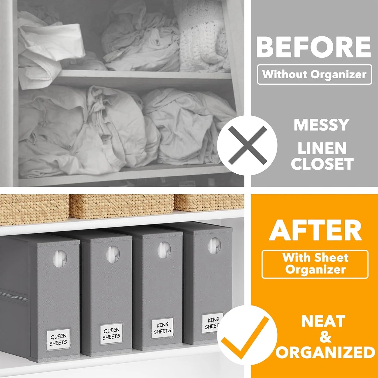 مجموعه ۴ عددی نظم دهنده و نگهدارنده ملحفه SpaceAid، نظم دهنده تاشو ملحفه برای کمد، نگهدارنده ملحفه با پنجره سایز XL (مناسب سایز کوئین و کینگ)، محفظه خاکستری رنگ برای نظم دهی رختخواب