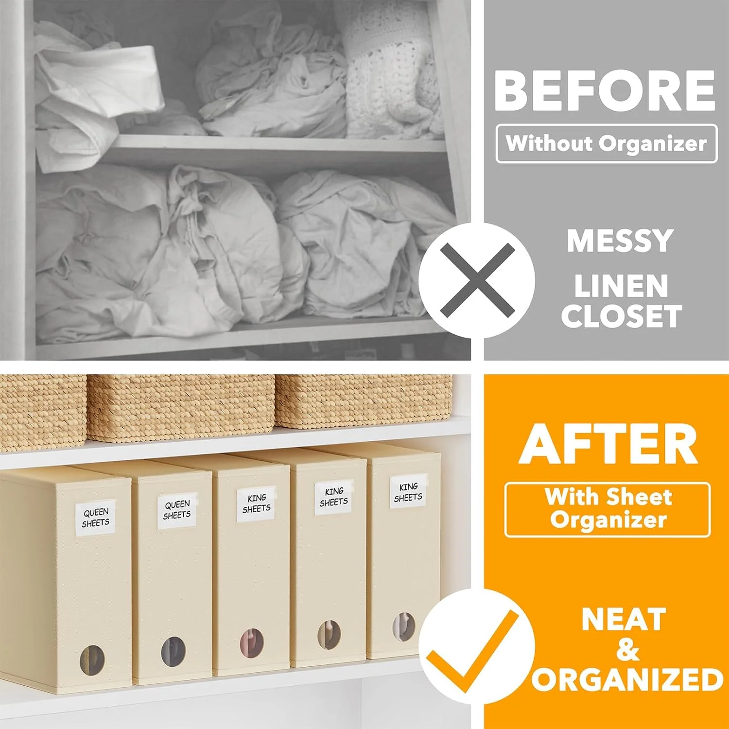 مجموعه ۵ عددی نظم دهنده و نگهدارنده ملحفه SpaceAid، نظم دهنده تاشو ملحفه برای کمد، نگهدارنده ملحفه با پنجره سایز XL (مناسب سایز کوئین و کینگ)، رنگ بژ