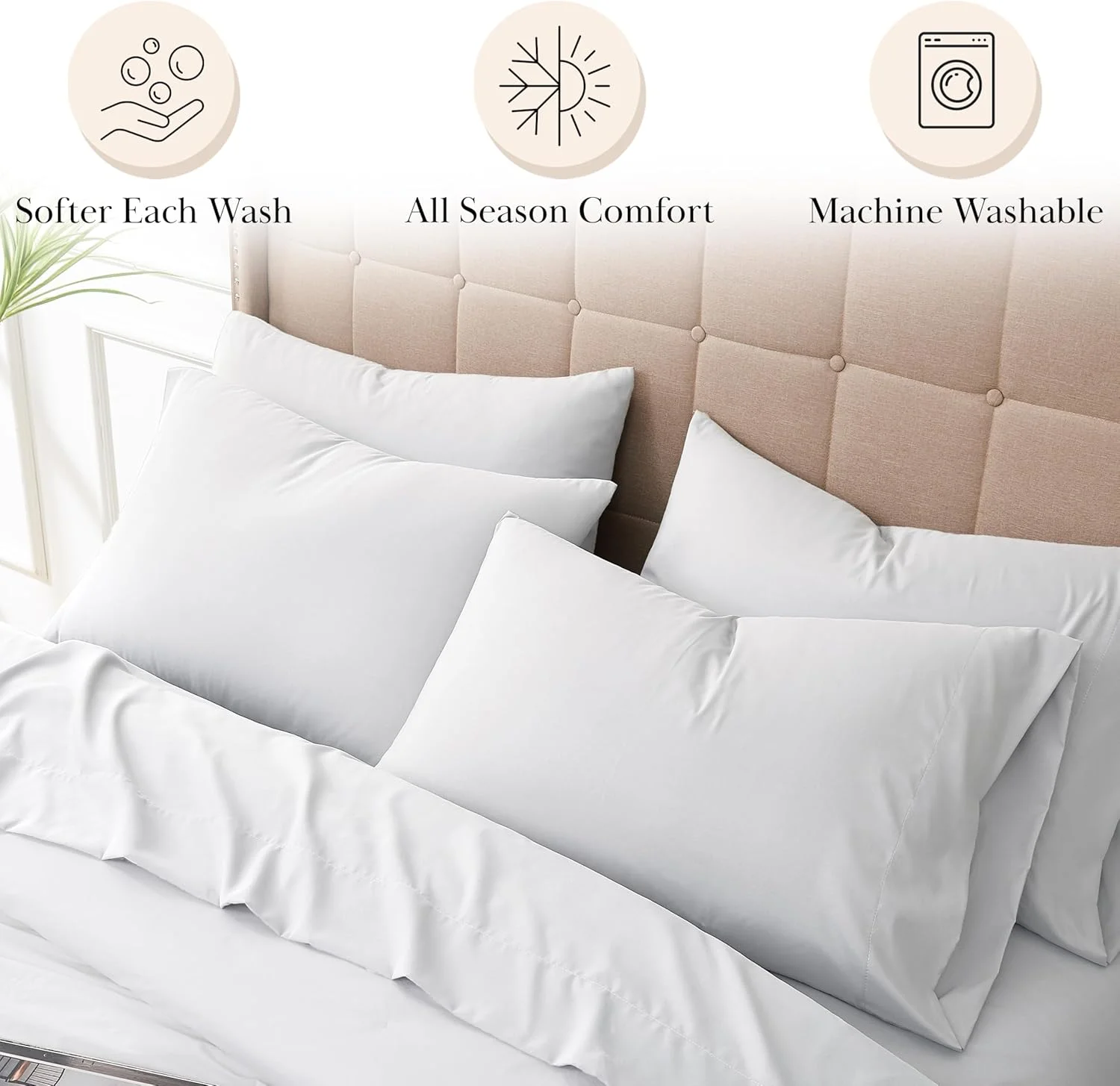 ست ملحفه 6 تکه Southshore Fine Living, Inc. با عمق 21 اینچ، کیفیت عالی، نگهداری آسان، بدون آبرفتگی، شامل 1 ملحفه رو، 1 ملحفه کش دار، 4 روبالشتی، سفید روشن، کینگ