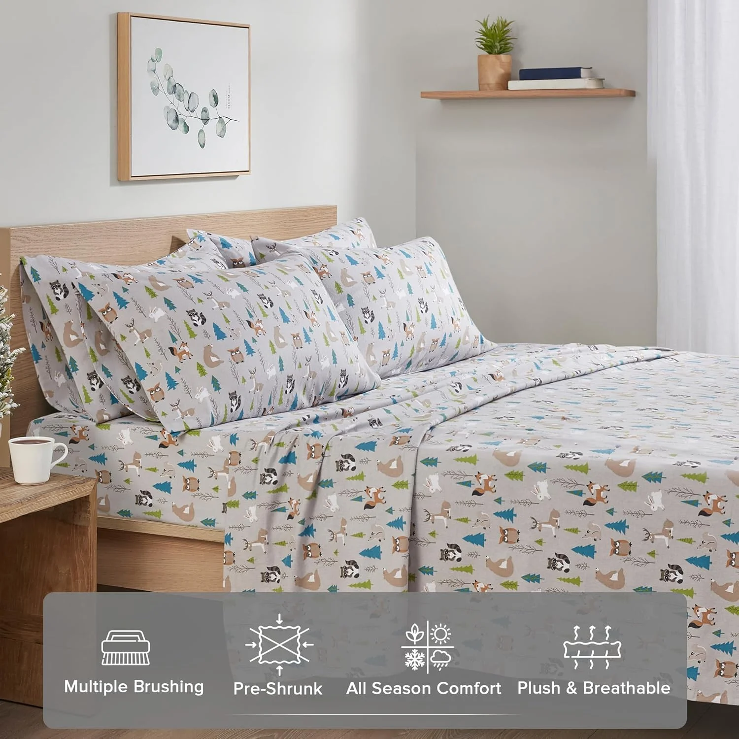 ملحفه های فلانل پنبه ای تنفسی و گرم Comfort Spaces با جیب عمیق و روبالشتی، سایز کینگ، طرح حیوانات جنگلی چند رنگ، 4 تکه