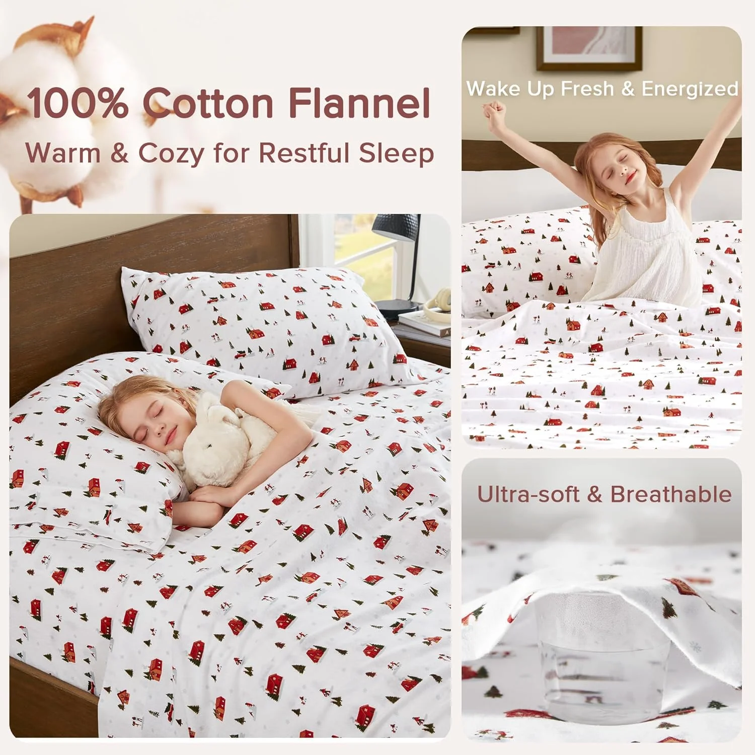 ست ملحفه فلانل پنبه ای ۱۰۰٪ سایز کامل Comfort Spaces، ست ملحفه فلانل فوق العاده نرم و راحت با جیب الاستیک ۱۴ اینچی مناسب برای تشک تا ۱۶ اینچ، روتختی فلانل گرم طرح دار، دهکده کریسمس ۴ تکه
