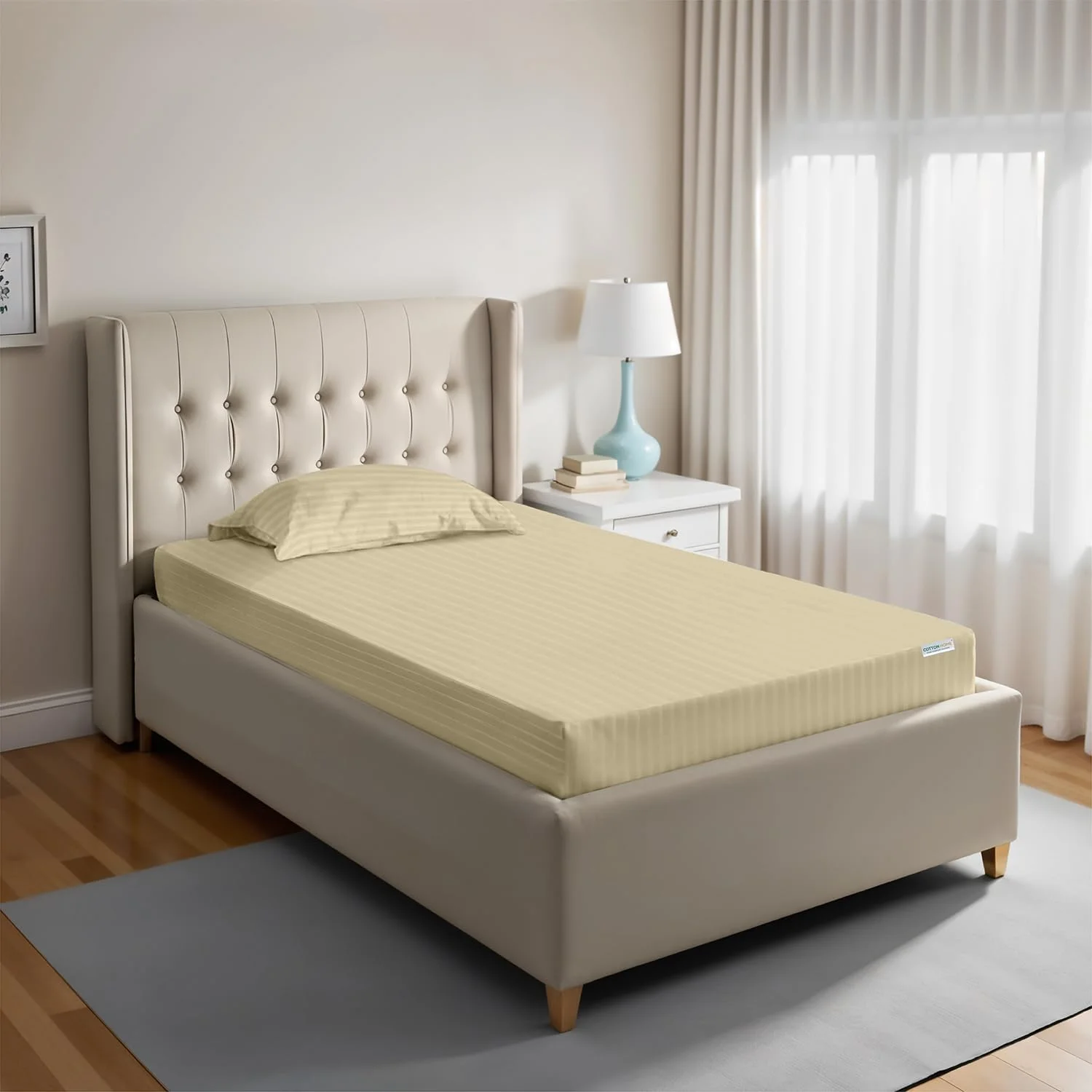 ست ملحفه کشدار راه راه پنبهای هوم - یک نفره (90x200+20 سانتیمتر) + 2 روبالشی (50x75 سانتیمتر) میکروفایبر برس خورده با کیفیت ممتاز، بادوام، جیب عمیق برای تناسب کامل، مقاوم در برابر چروک و رنگ رفتگی، بژ ست ملحفه کشدار راه راه پنبهای هوم - یک نفره (90x200+20 سانتیمتر) + 2 روبالشی (50x75 سانتیمتر) میکروفایبر برس خورده با کیفیت ممتاز، بادوام، جیب عمیق برای تناسب کامل، مقاوم در برابر چروک و رنگ رفتگی، بژ