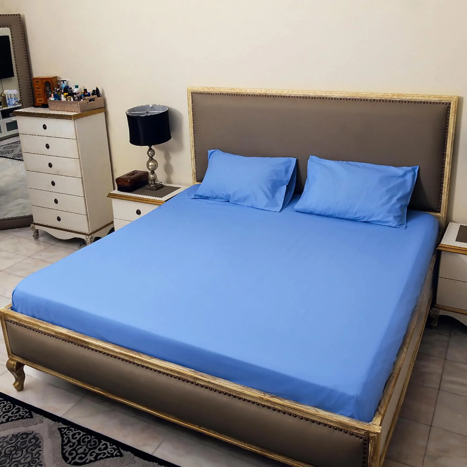 ست ملحفه تخت خواب پنبه ای، 3 تکه، سایز کوئین، آبی، بافت راه راه مدرن ست ملحفه تخت خواب پنبه ای، 3 تکه، سایز کوئین، آبی، بافت راه راه مدرن