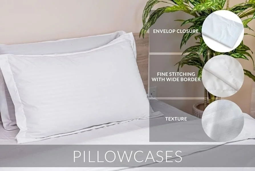 ست ملحفه تخت پنبه ای سفید با روبالشی، راه راه ساتن، بستن پاکتی، دوخت ظریف، سایز کینگ