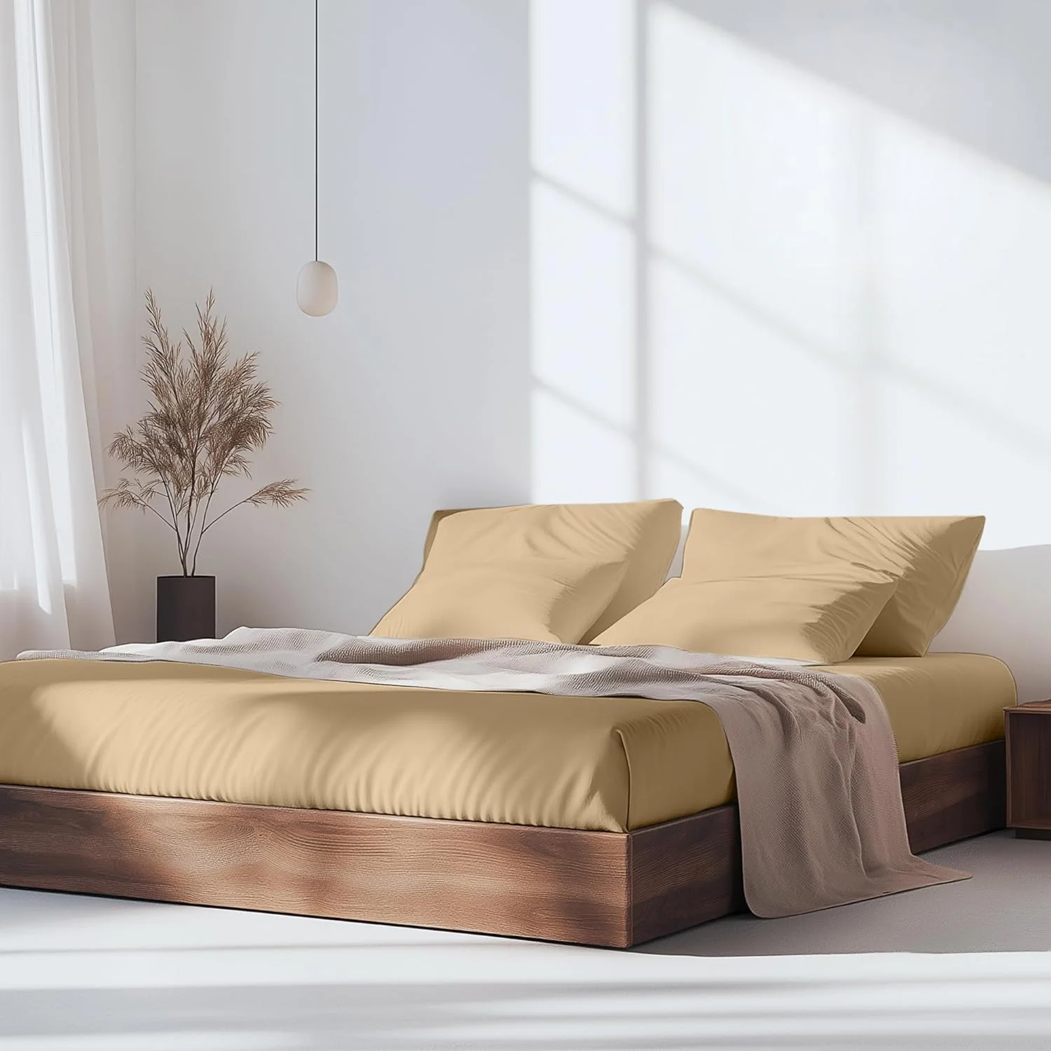 ملحفه کش‌دار تخت خواب پنبه‌ای-کتانی ۱۰۰٪ با ۲ روبالشی | ۱ ملحفه کش‌دار ۱۰۰x۲۰۰، ۲ عدد روکش بالش | تنفس‌پذیر و دارای جیب عمیق ۲۰ سانتی‌متری (بژ، یک‌نفره)