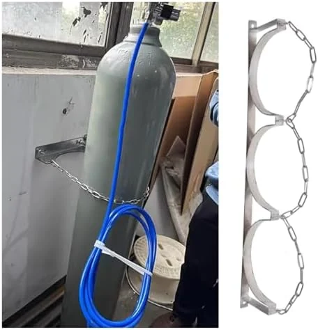 نگهدارنده کپسول اکسیژن، قفسه سازمان دهنده سیلندر گاز قابل تنظیم دیواری، نگهدارنده استیل ضد زنگ سیلندر گاز با زنجیر، قفسه مخزن سیلندر نقره ای برای کلینیک ها/آزمایشگاه ها و خانه (87 سانتی متر - 3 بطری)