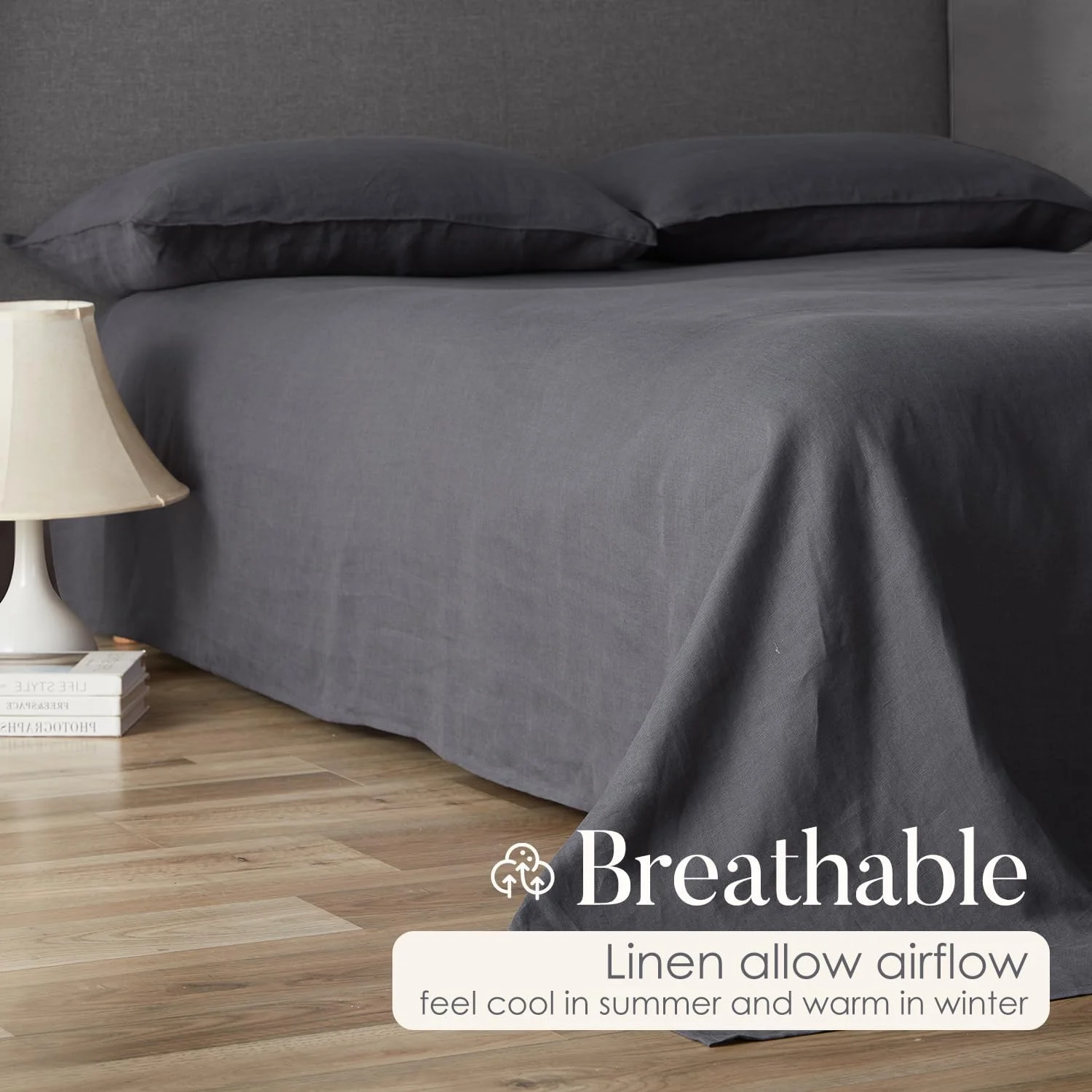 ست ملحفه کتان خالص DAPU، 100% کتان فرانسوی از نرماندی، تنفس پذیر و بادوام برای افراد گرمایی، ست 4 تکه - 1 ملحفه رو، 1 ملحفه کش دار، 2 روبالشی (خاکستری تیره، کوئین)