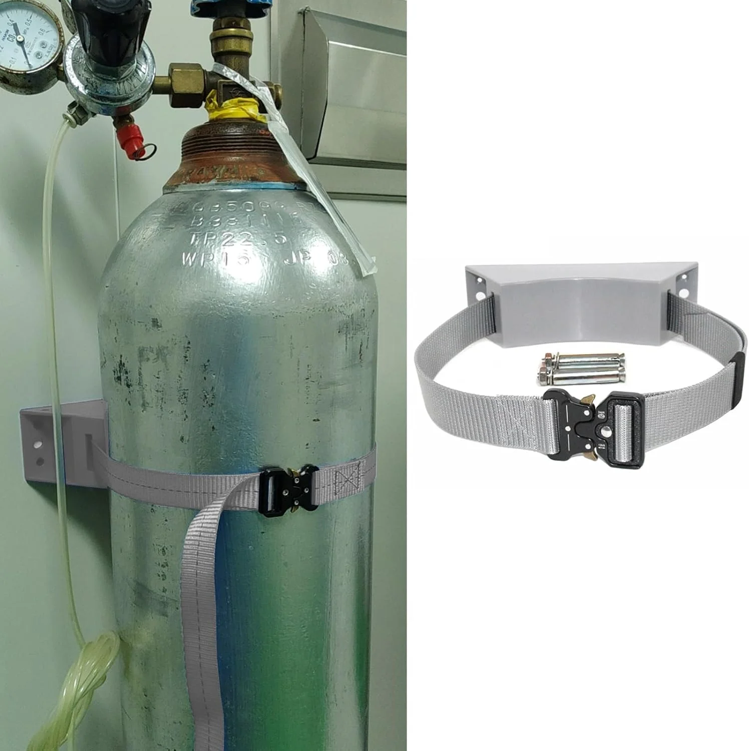 نگهدارنده دیواری کپسول اکسیژن با زنجیر ایمنی قابل تنظیم، نگهدارنده پلاستیکی مخزن، شامل 2 پیچ انبساطی برای استفاده کارخانه (خاکستری)