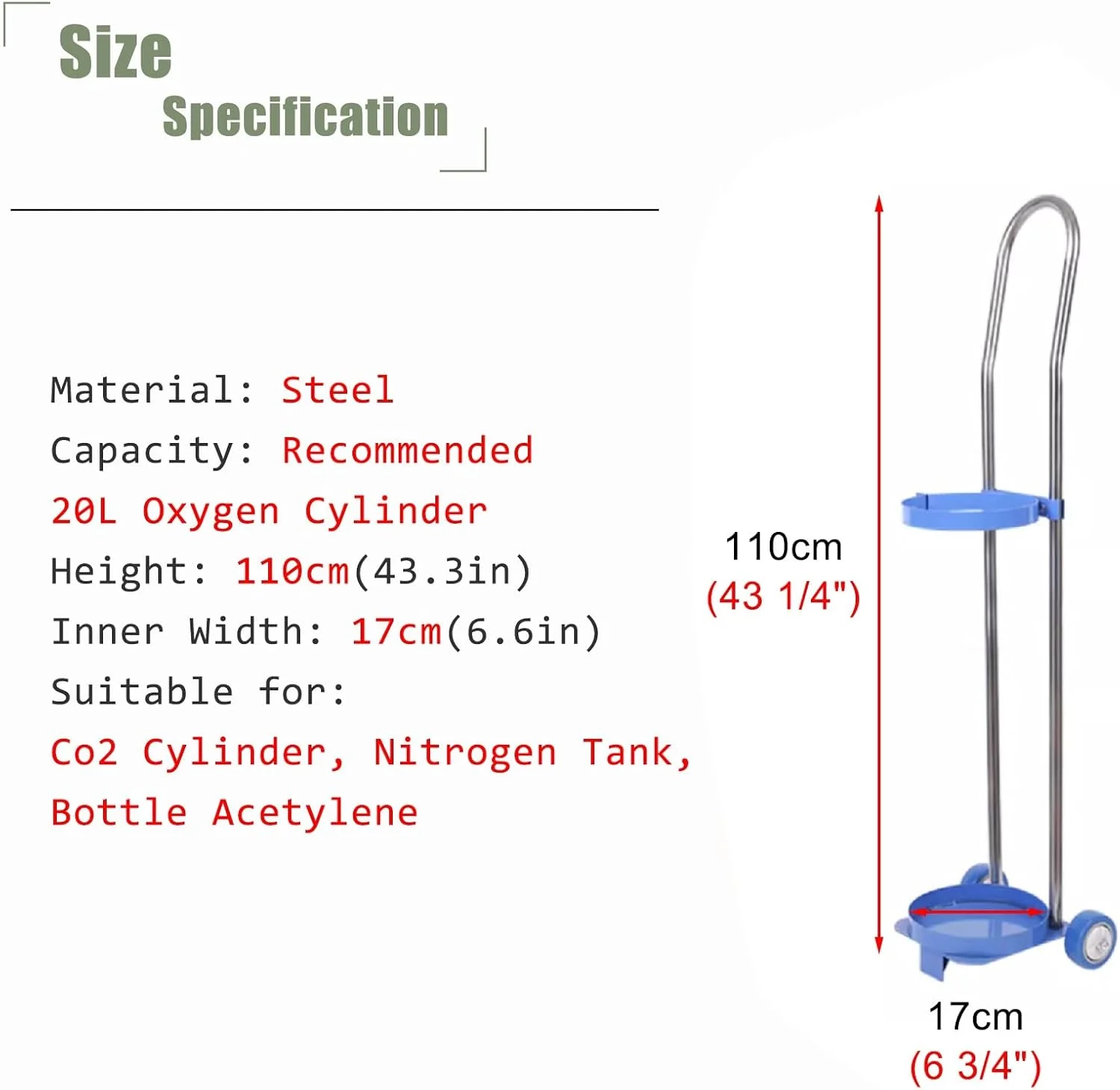 چرخ دستی حمل سیلندر اکسیژن ایستاده، نگهدارنده سبک وزن با قابلیت حرکت برای کلینیک ها، دالی تانک اکسیژن قابل تنظیم 80/95/110 سانتی متری، حمل و نقل تجهیزات پزشکی قابل حمل