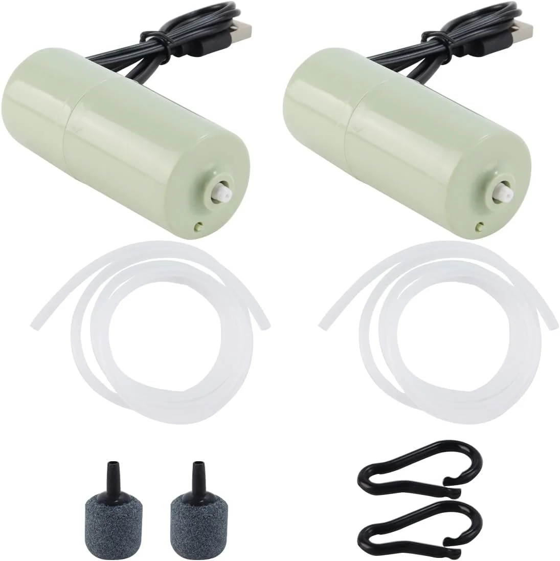 دو عدد پمپ اکسیژن آکواریوم قابل حمل USB، جریان هوای بالا، بسیار کم صدا، تک لوله با سنگ هوا، سبز