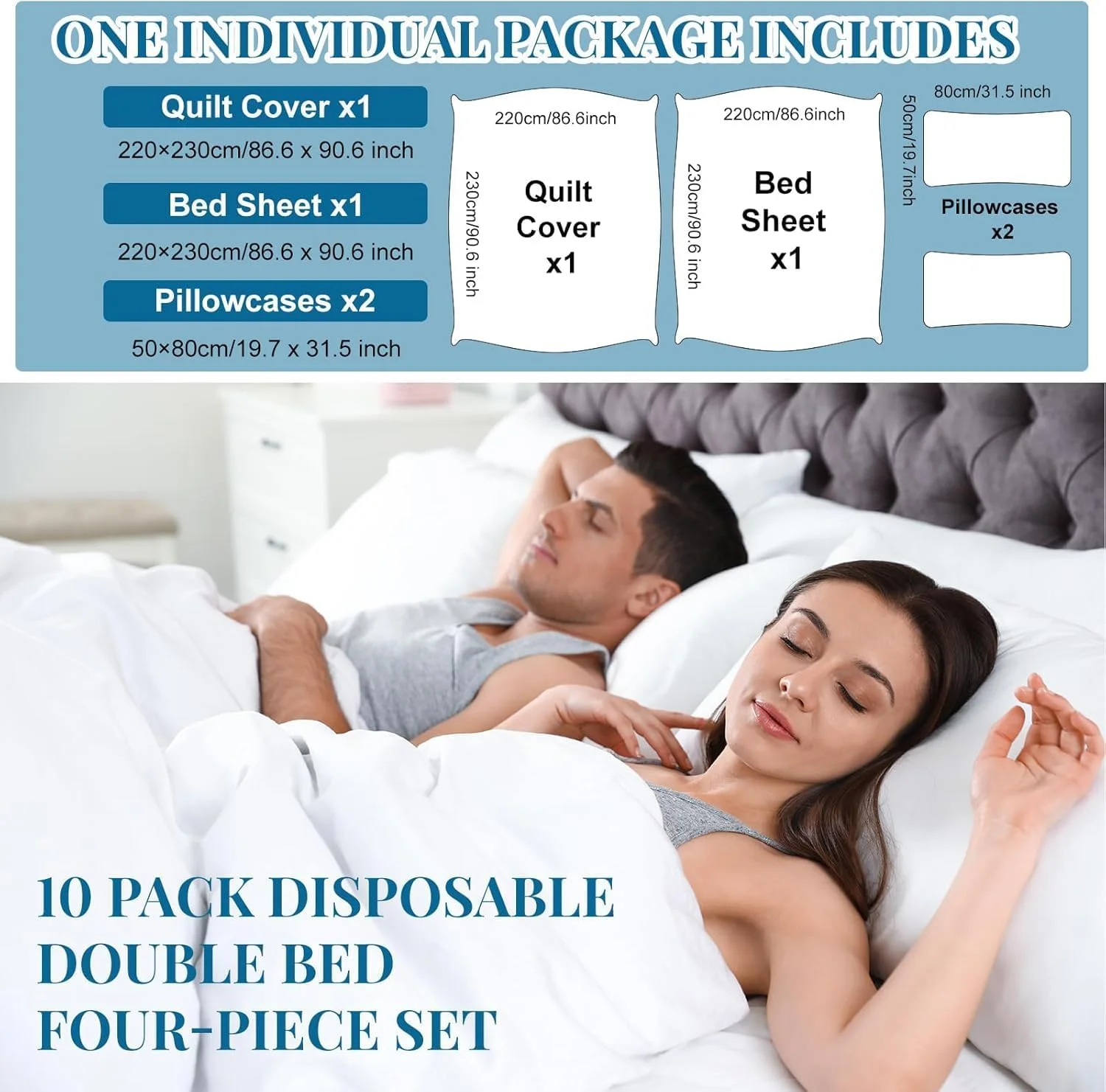 ست ملحفه یکبار مصرف مسافرتی، 4 ست ملحفه یکبار مصرف، ست بالش و پتو شامل 1 ملحفه، 1 روکش لحاف، 2 روبالشتی، روکش تخت سفید نرم قابل حمل برای سفر کاری