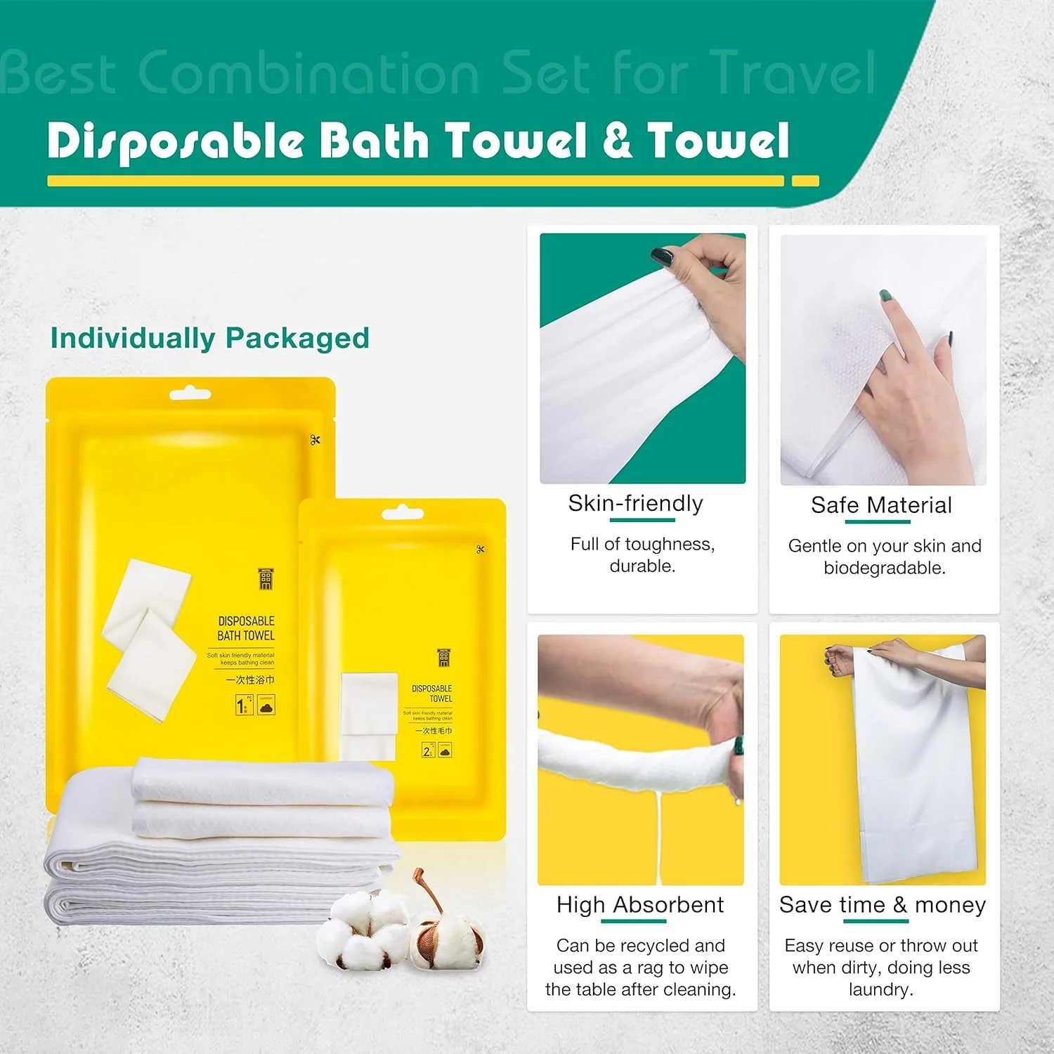 مجموعه ملحفه یکبار مصرف مسافرتی 4 عددی شامل روکش لحاف، ملحفه تخت، 2 روبالشتی، 2 حوله دستی و 2 حوله حمام، ایده آل برای هتل ها، کمپینگ، سفرهای کاری و مسافرت های خارج از منزل، بهداشتی و آسان برای استفاده