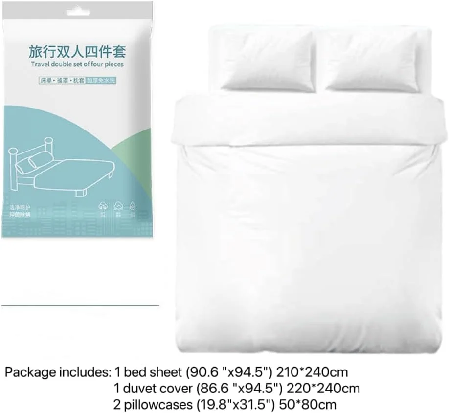 ست ملحفه یکبار مصرف چهارتکه ضخیم، ست ملحفه یکبار مصرف چهارتکه (شامل روکش لحاف و روبالشی)، ست ملحفه مسافرتی یکبار مصرف، ست نظافت مسافرتی هتل (سفید)