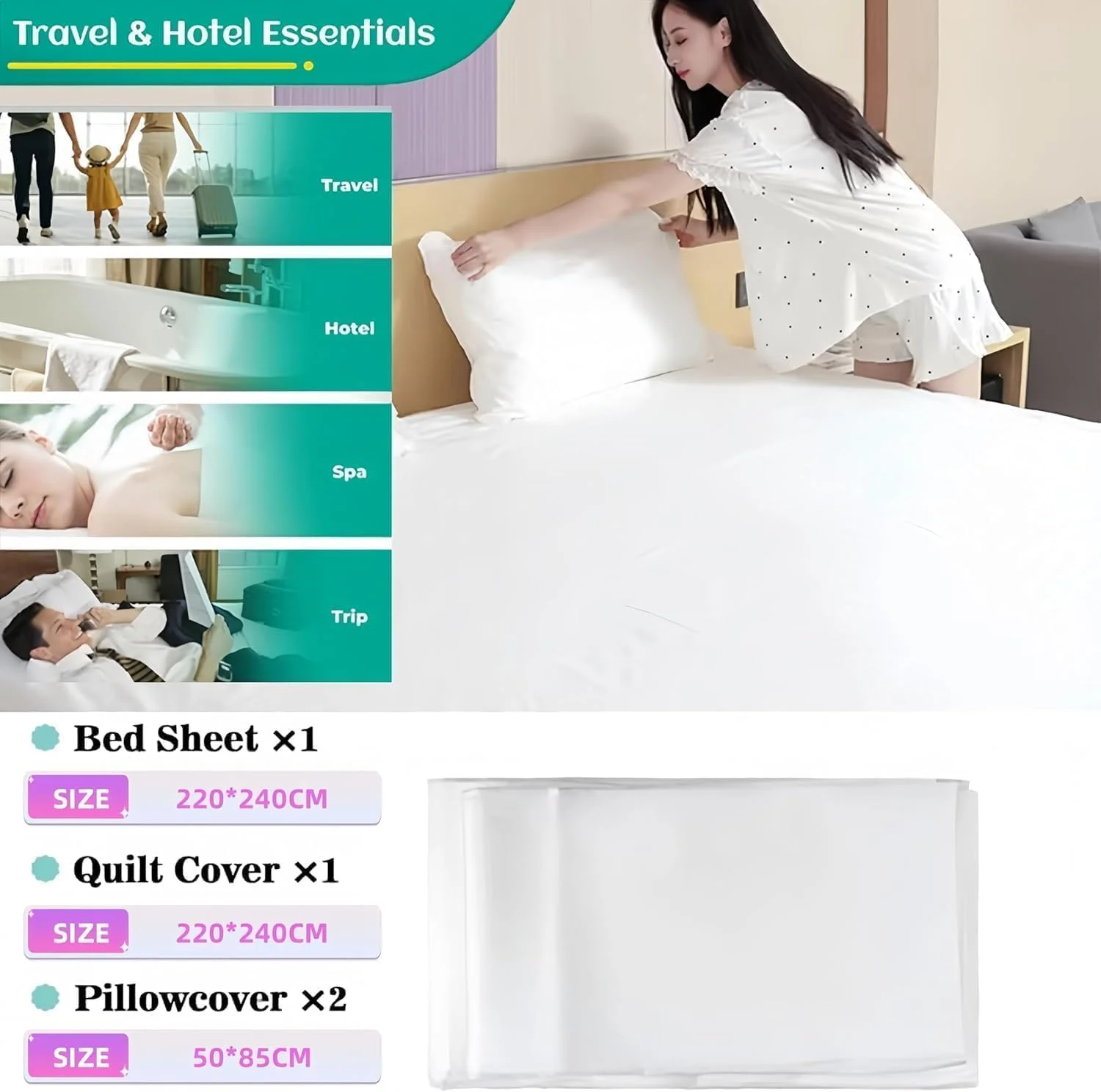 ست ملحفه یکبار مصرف 4 تکه برای هتل، ملحفه مسافرتی قابل حمل، ملحفه یکبار مصرف برای پوشش تخت، ست ملحفه یکبار مصرف شامل 1 ملحفه، 1 روکش لحاف و 2 روبالشی برای مسافرت