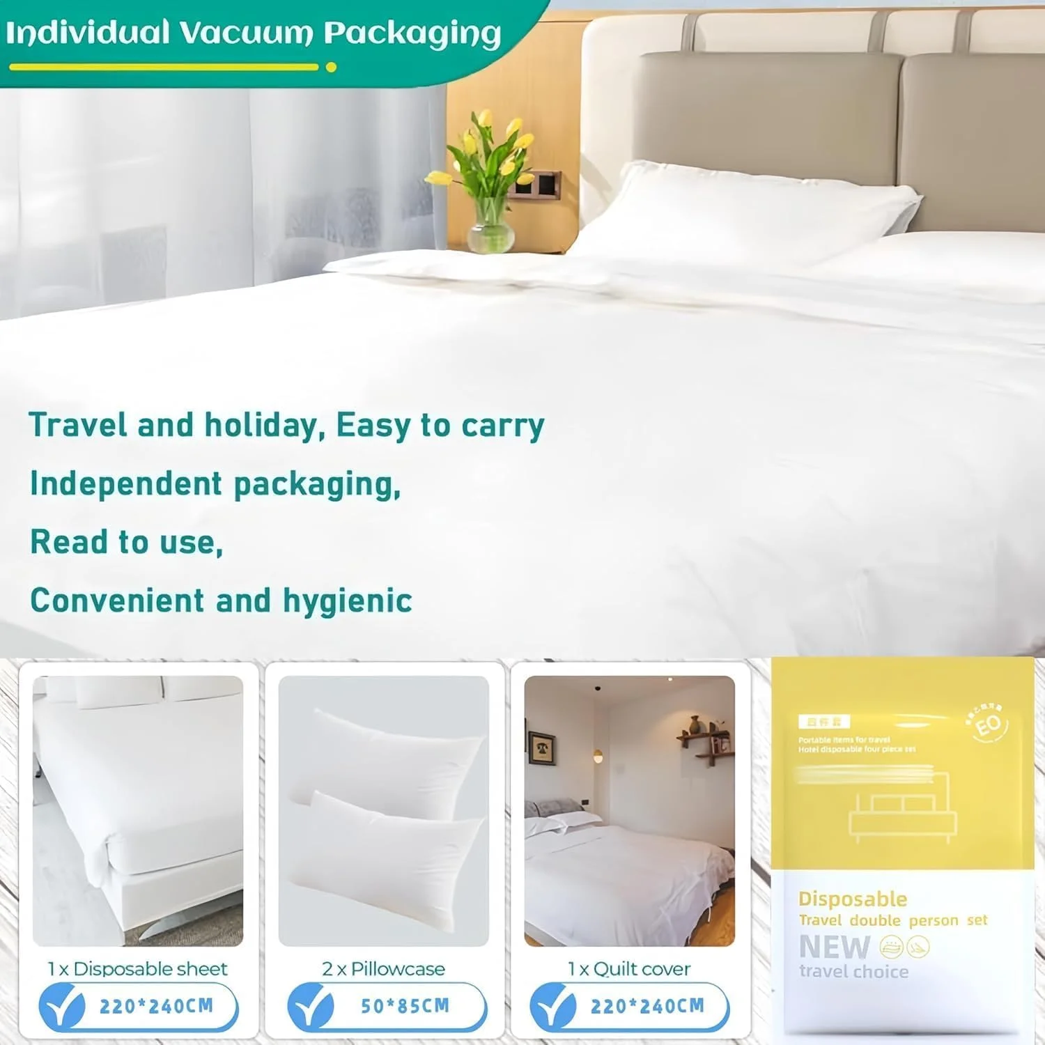 ست ملحفه یکبار مصرف 4 تکه برای هتل، ملحفه مسافرتی قابل حمل، ملحفه یکبار مصرف برای پوشش تخت، ست ملحفه یکبار مصرف شامل 1 ملحفه، 1 روکش لحاف و 2 روبالشی برای مسافرت