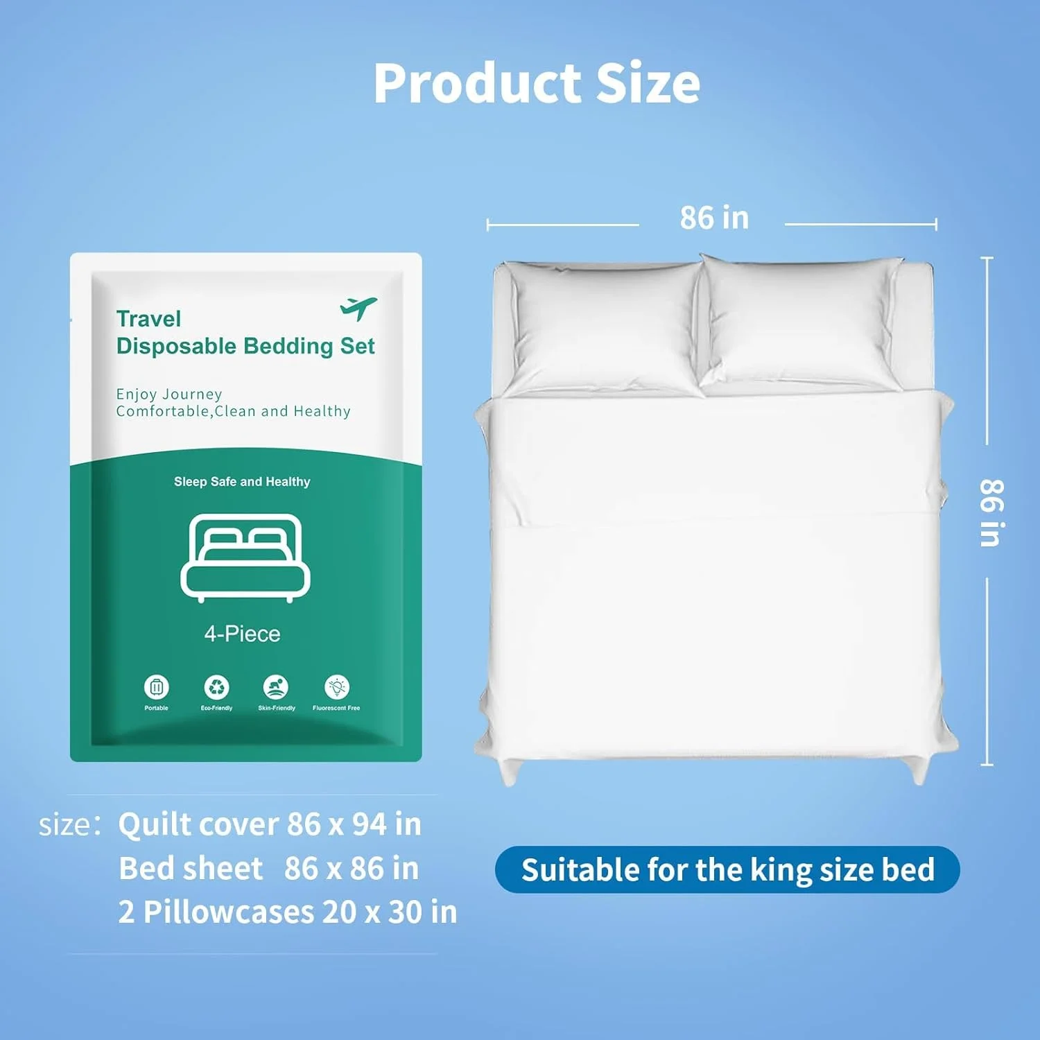 ست ملحفه یکبار مصرف شامل روکش لحاف، روبالشتی و ملحفه تخت، ملحفه مسافرتی یکبار مصرف قابل حمل، مناسب برای استفاده در هتل و مسافرت - بسته 2 عددی