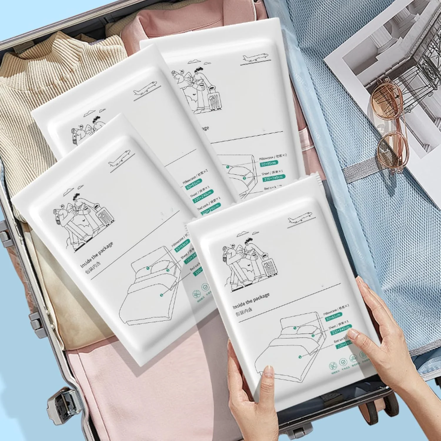 ست ملحفه یکبار مصرف مسافرتی 2 عددی، ست روتختی یکبار مصرف 4 در 1 سایز کینگ شامل 2 ملحفه کش‌دار، 2 روکش لحاف، 4 روبالشی - مناسب هتل، بیمارستان، کمپینگ، سفرهای کاری