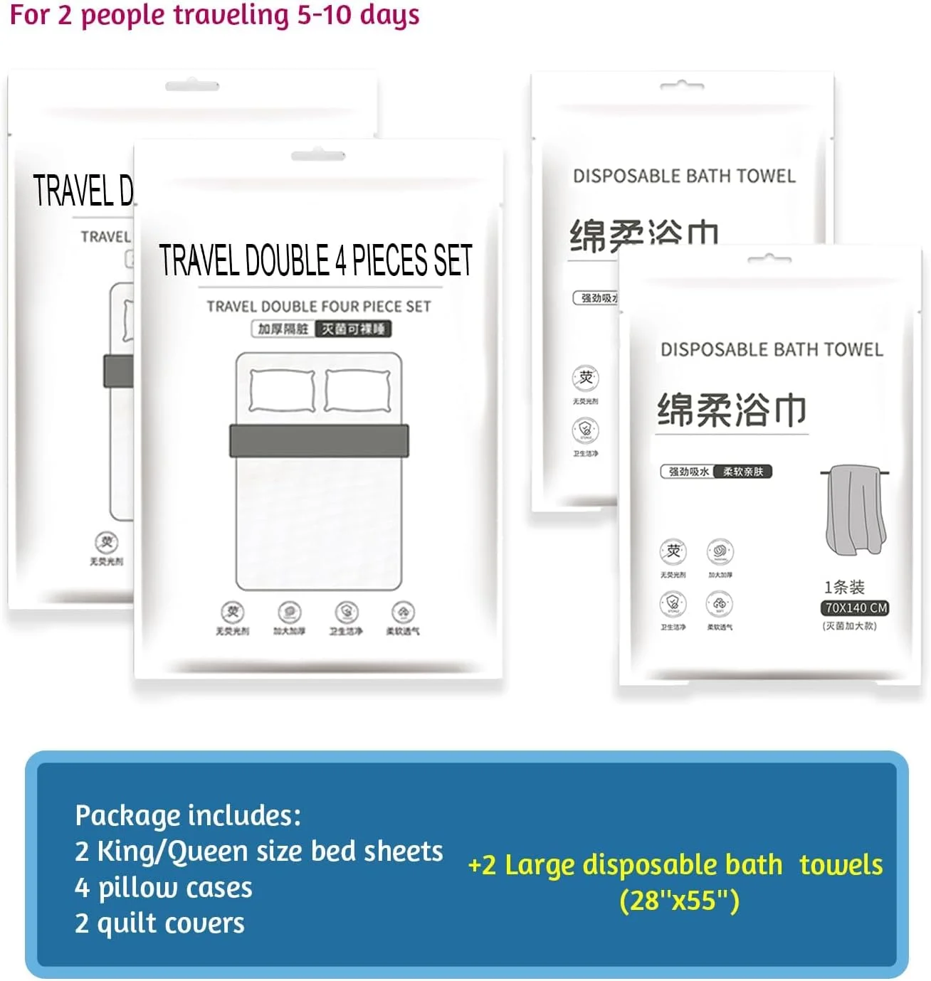 دو ست ملحفه تخت و دو حوله یکبار مصرف برای مسافرت، مناسب تخت های کینگ/کویین سایز، یکبار مصرف، 2 ملحفه تخت، 2 روکش لحاف و 4 روبالشتی و 2 حوله حمام، پارچه غیر بافته ضد حساسیت درجه یک