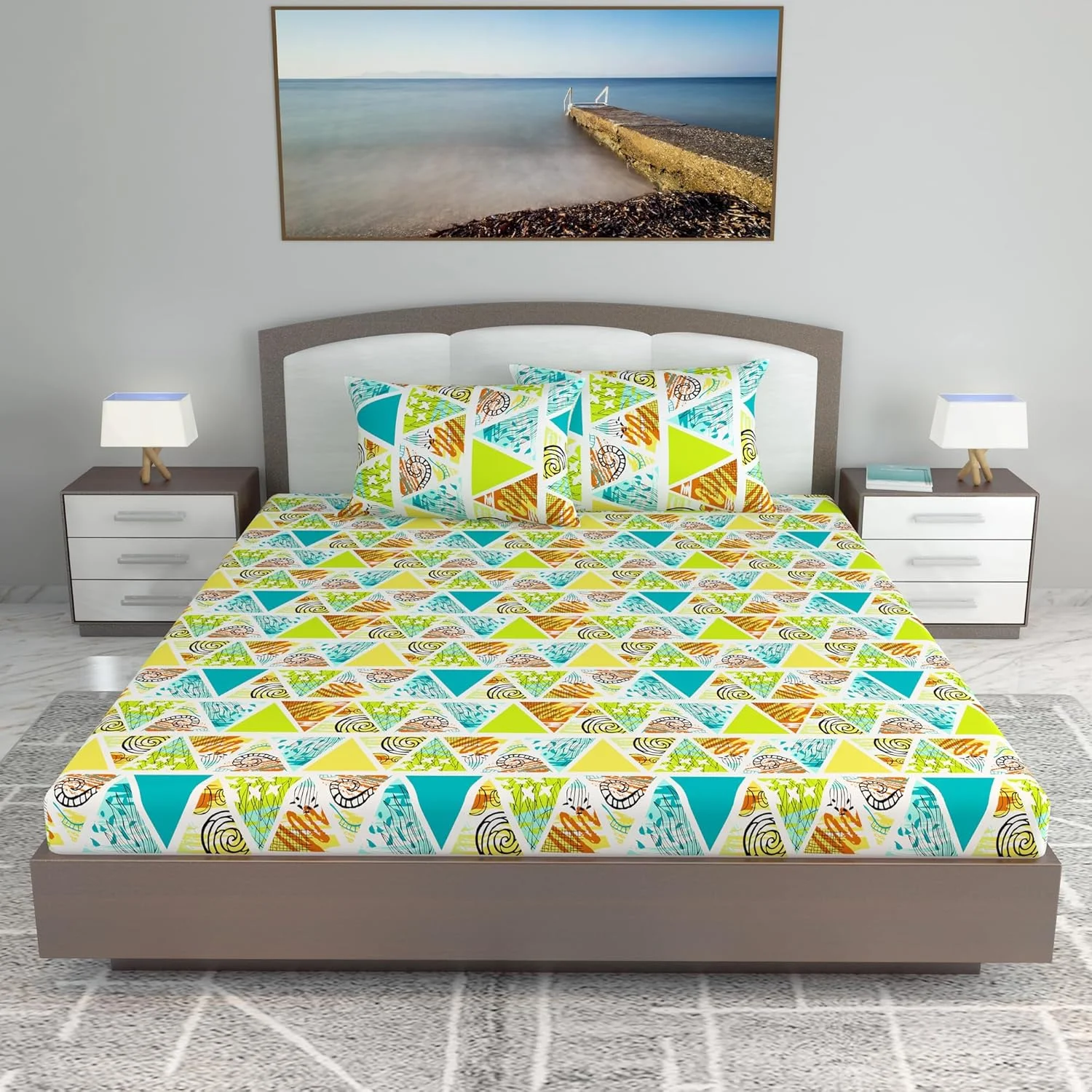 ملحفه تخت خواب کینگ سایز Divine Casa، با تراکم بافت 144 و 100% پنبه به همراه 2 روبالشتی، لطیف و نرم، طرح راجستانی (270 x 270 سانتی متر، لیمویی)