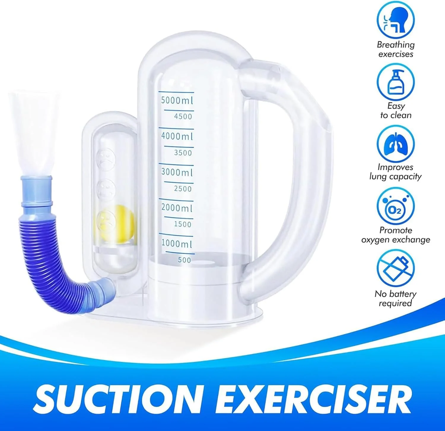 دستگاه تمرین تنفسی | دستگاه تمرین ظرفیت ریه با نشانگر میزان جریان - ظرفیت 5000 میلی لیتر مناسب برای دویدن، تناسب اندام، باشگاه و شنا