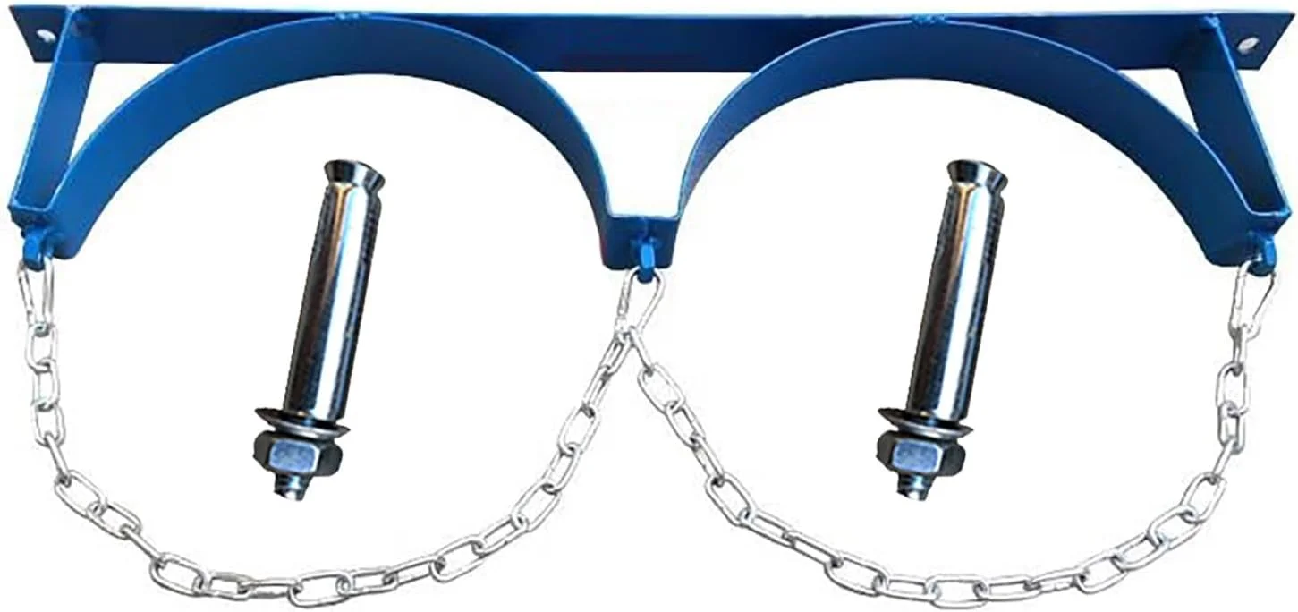 نگهدارنده فلزی سیلندر اکسیژن O2، نگهدارنده بطری نیتروژن خانگی/تجاری - ظرفیت ≤ 40 لیتر، پایه نگهدارنده ثابت سیلندر گاز آبی با پیچ و زنجیر ایمنی (2 بطری)