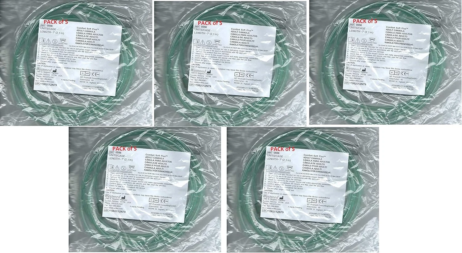 کانولای اکسیژن فوق نرم بزرگسالان، لوله سبز - 7 فوت (Westmed #0556) بسته 5 عددی