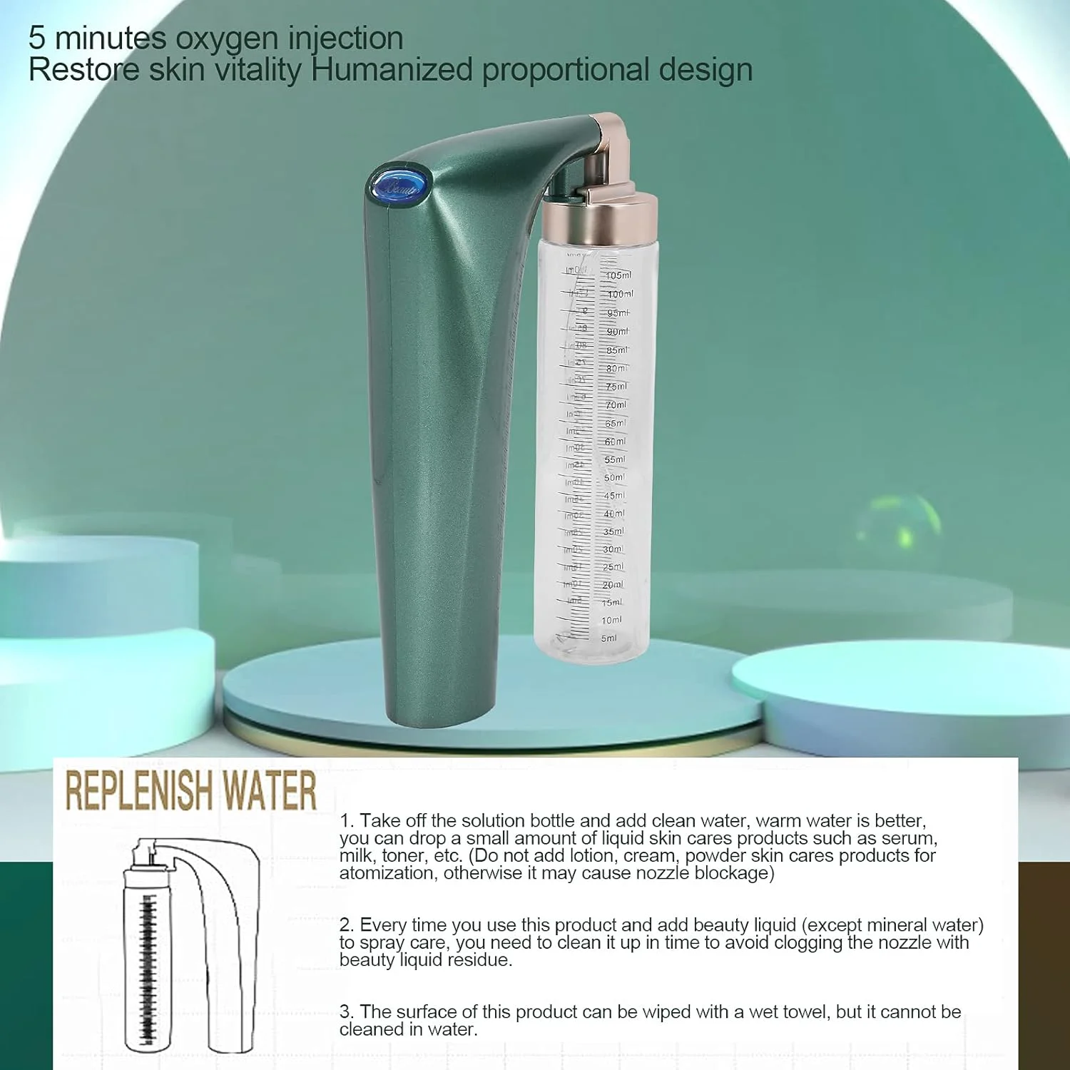 دستگاه تزریق اکسیژن، دستگاه تزریق اکسیژن دستی 105 میلی لیتری قابل حمل و ایمن برای زیبایی (سبز، مدل برج پیزا)