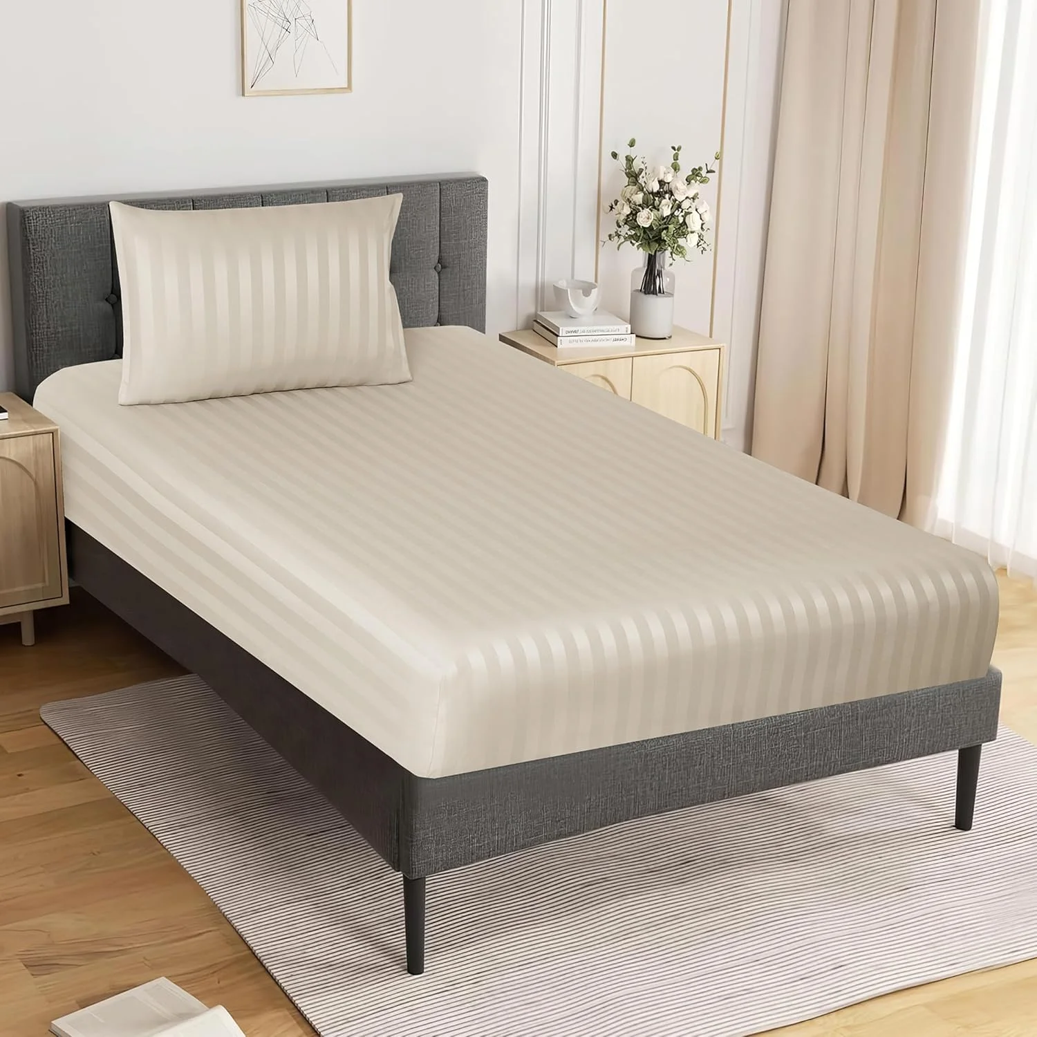 ست ملحفه کش‌دار دو تکه راه راه دوناتلا - سایز یک نفره 90x200 سانتی متر - ملافه میکروفایبر نرم با کش دور تا دور و 1 روبالشی پاکتی