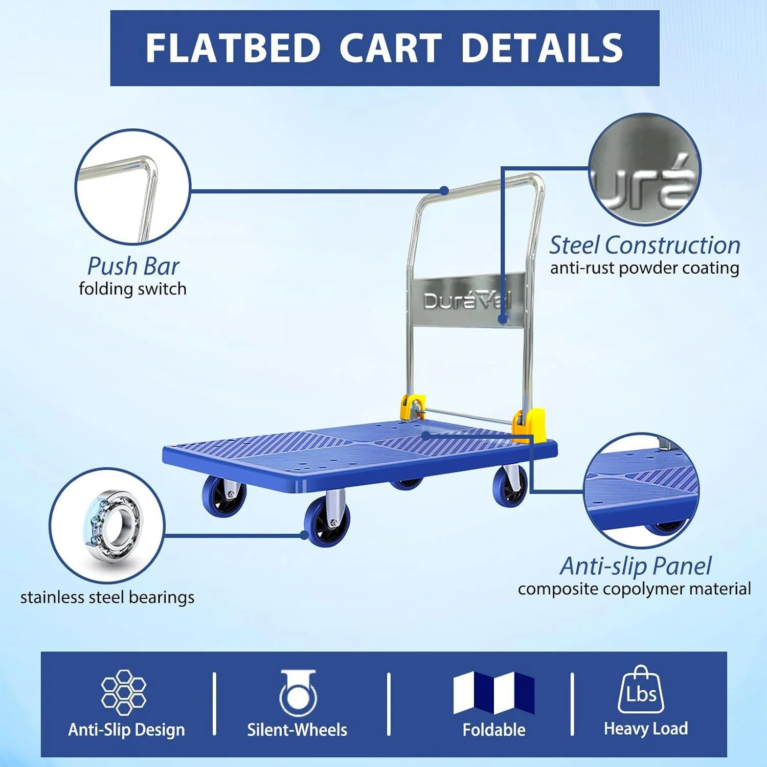 چرخ دستی صنعتی (A+) با آچار مناسب - گاری تخت سنگین با ظرفیت وزنی 300 کیلوگرم - چرخ دستی برای مصارف اداری و تجاری